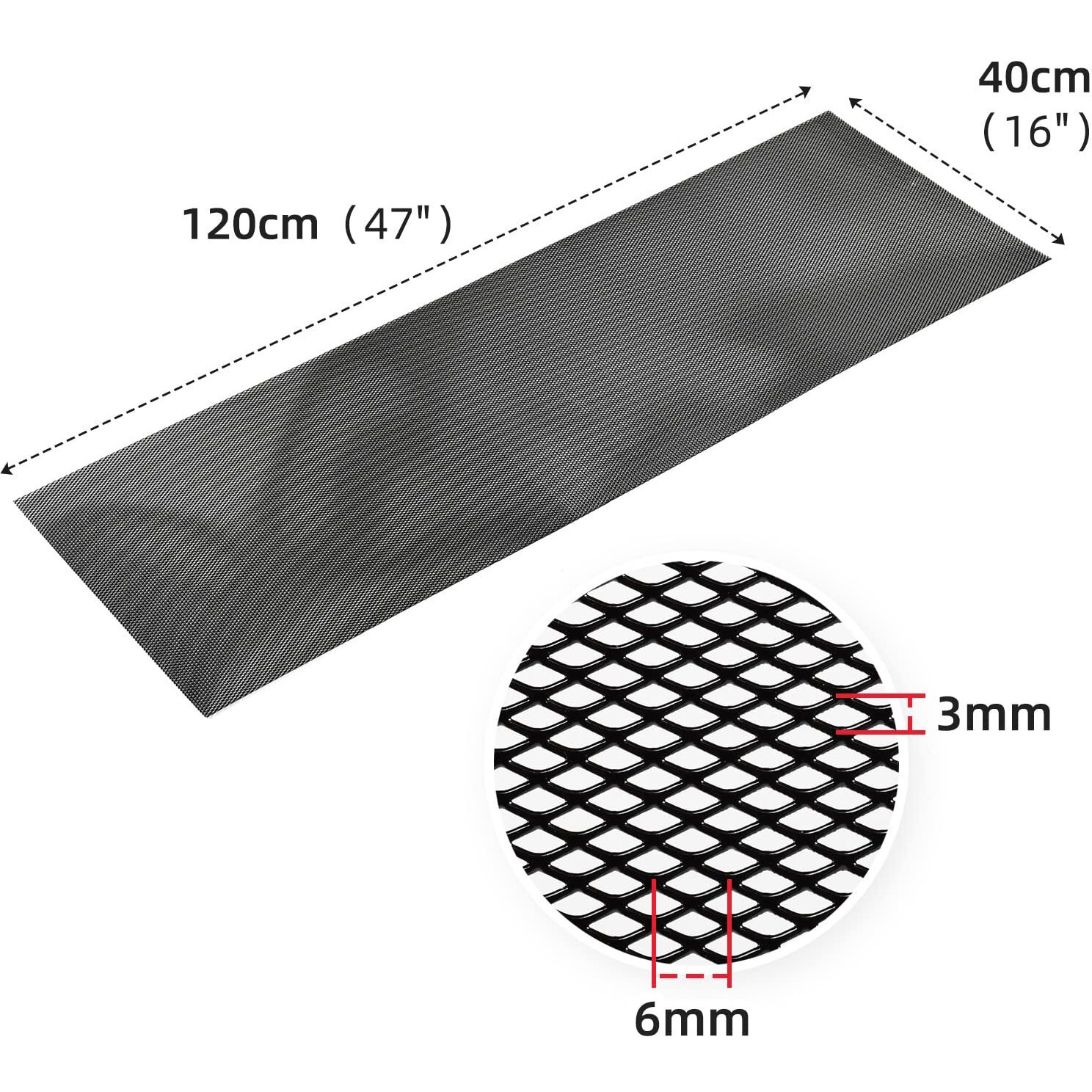 Aggauto 47X16 Inches Car Pickup Truck Grill Mesh Spoiler Bumper Vent Aluminum Alloy Automotive Grille Insert Air Intake Racing Rhombic Hole 3X6Mm Black