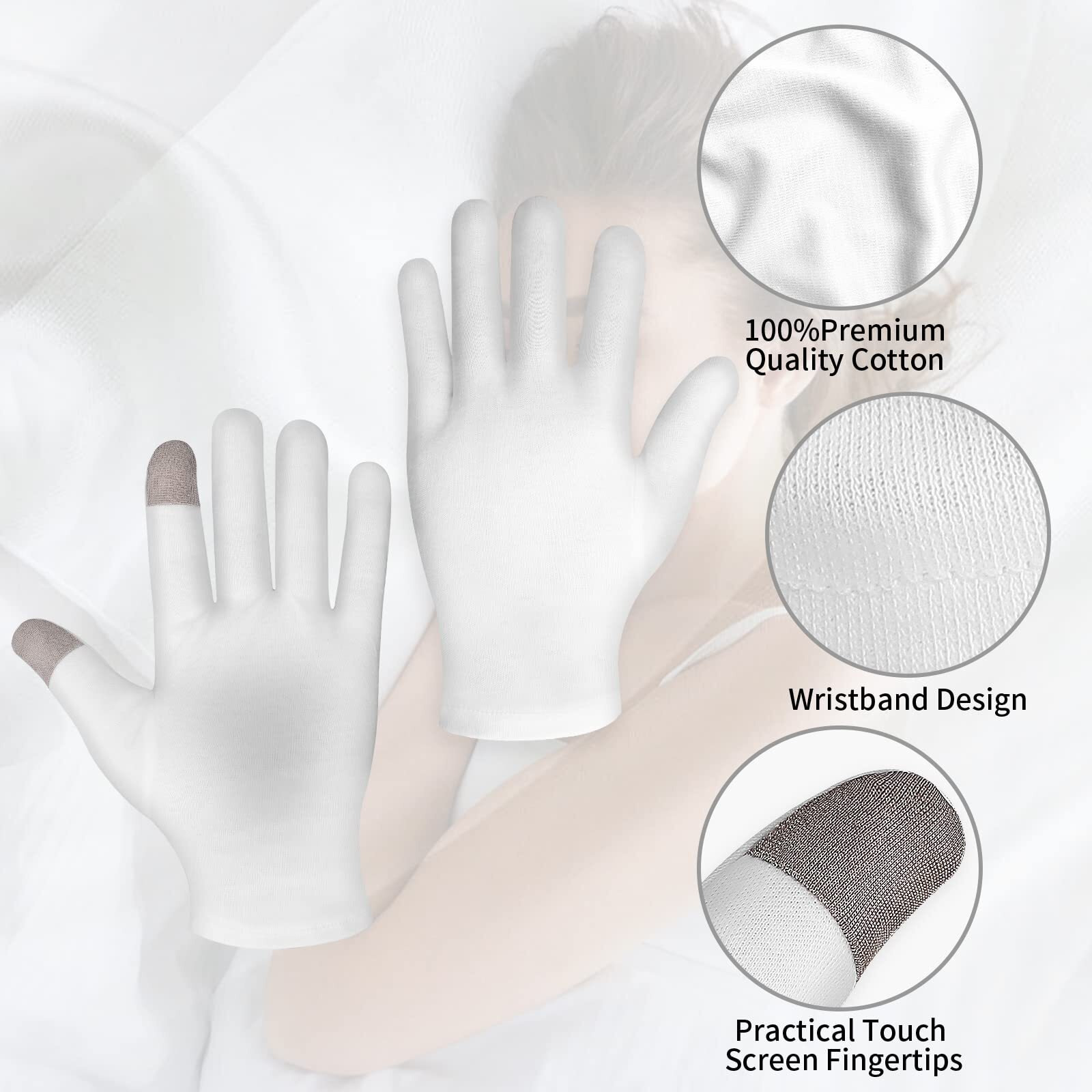 4 Pairs Touch Screen Moisturizing Gloves White Cotton Moisturizing Gloves Overnight Bedtime Heal Eczema Sleeping Lotion Hand Spa Treatment Gloves Repair Rough Cracked Dry Chapped Hands Skin(White)