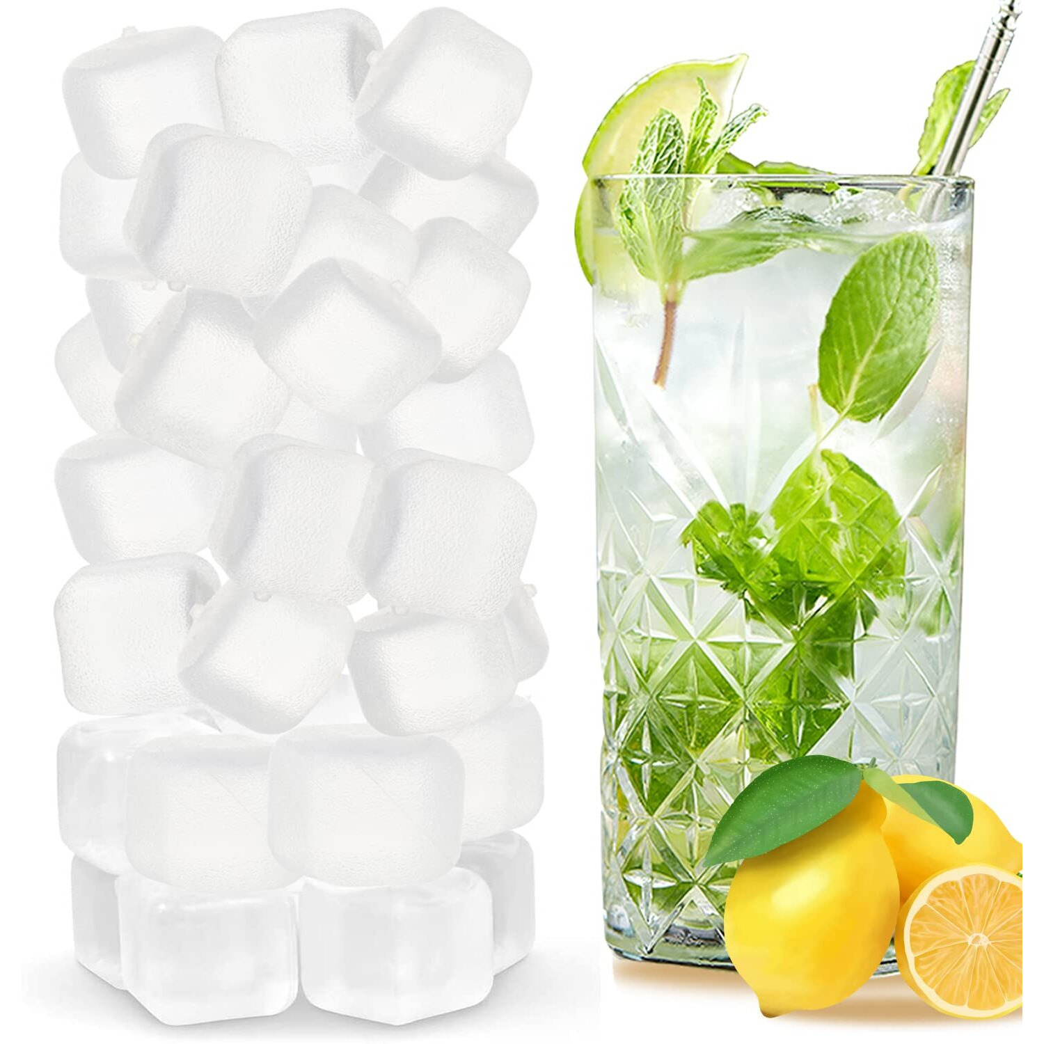 Reusable Ice Cubes For Drinks, 100 Pack Refreezable Plastic Ice Cubes Bpa Free, Chills Drinks Without Diluting, Washable Fake Ice Cubes For Cocktails, Wine, Beer Or Coffee Easy To Use
