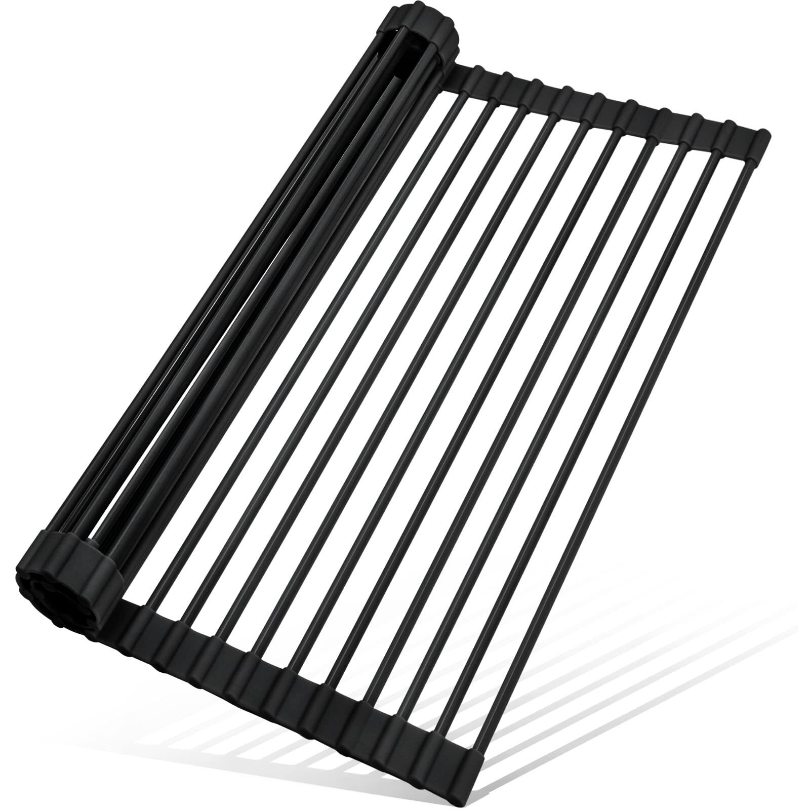 Merrybox Roll Up Dish Drying Rack Silicone Wrapped Over The Sink Dish Drying Rack Multipurpose Foldable Sink Drying Mat Anti-Slip & Anti-Rust Dish Rack For Kitchen, 17.5" X 13", Black
