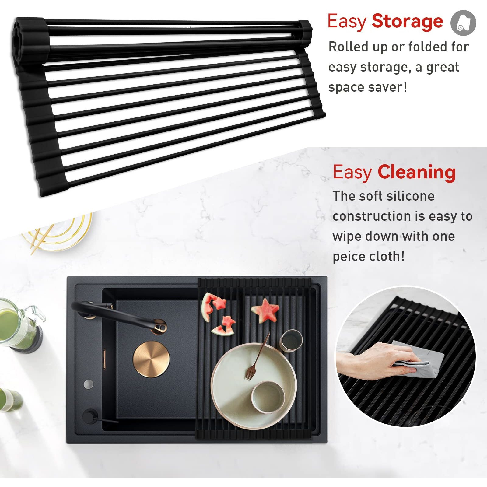 Merrybox Roll Up Dish Drying Rack Silicone Wrapped Over The Sink Dish Drying Rack Multipurpose Foldable Sink Drying Mat Anti-Slip & Anti-Rust Dish Rack For Kitchen, 17.5" X 13", Black