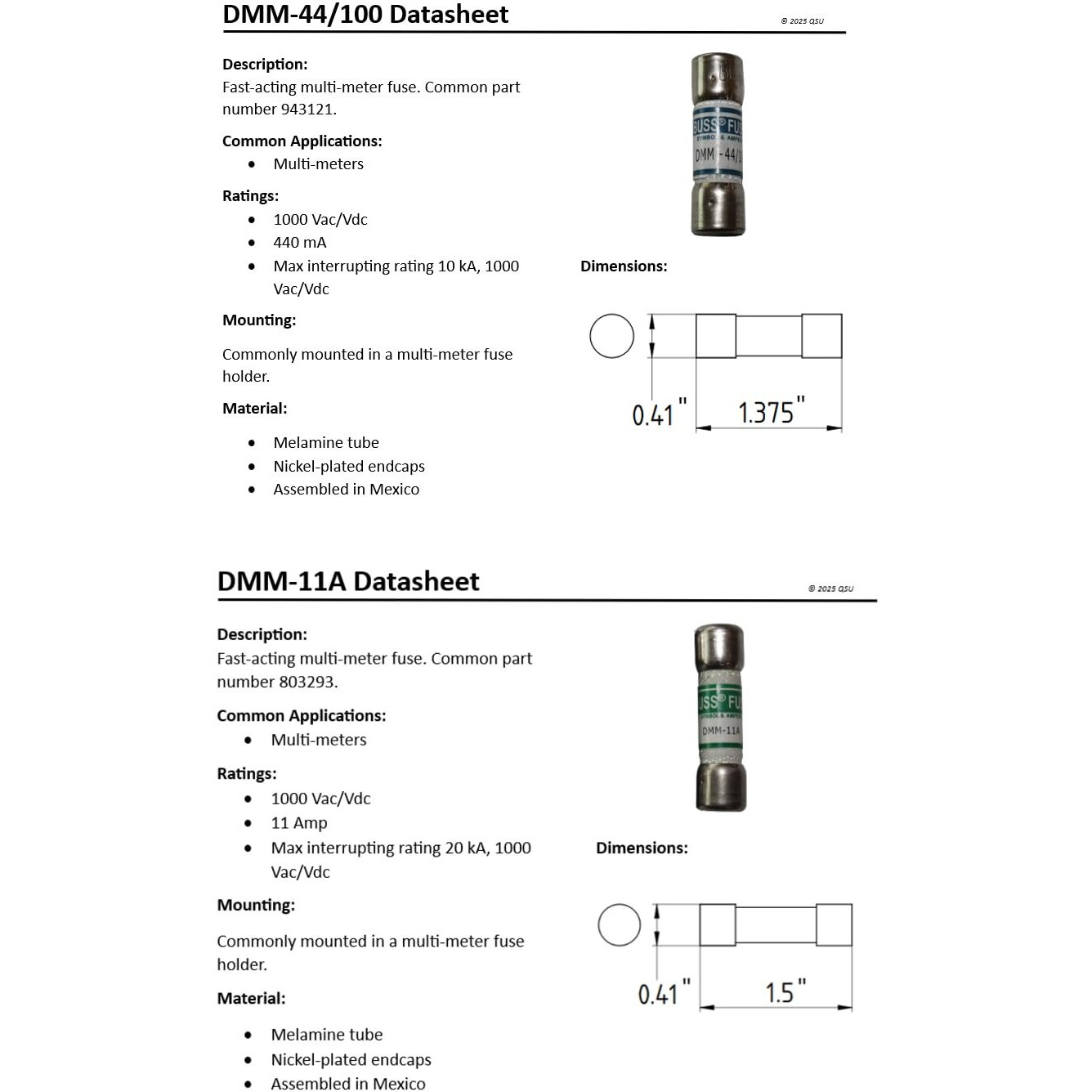 Dmm-11A & Dmm-44/100 Multi-Meter Fuse Combo Pack Qsu