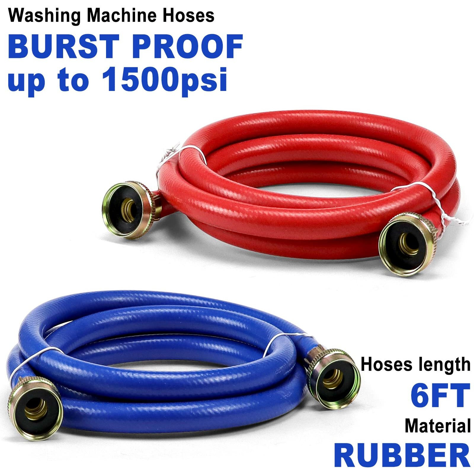 2 Pack Rubber 6Ft Washing Machine Hoses Burst Proof Red And Blue Coded Washer Hoses For Hot And Cold Water 3/4" Connection Water Supply Lines By Fetechmate - 10 Year Warranty