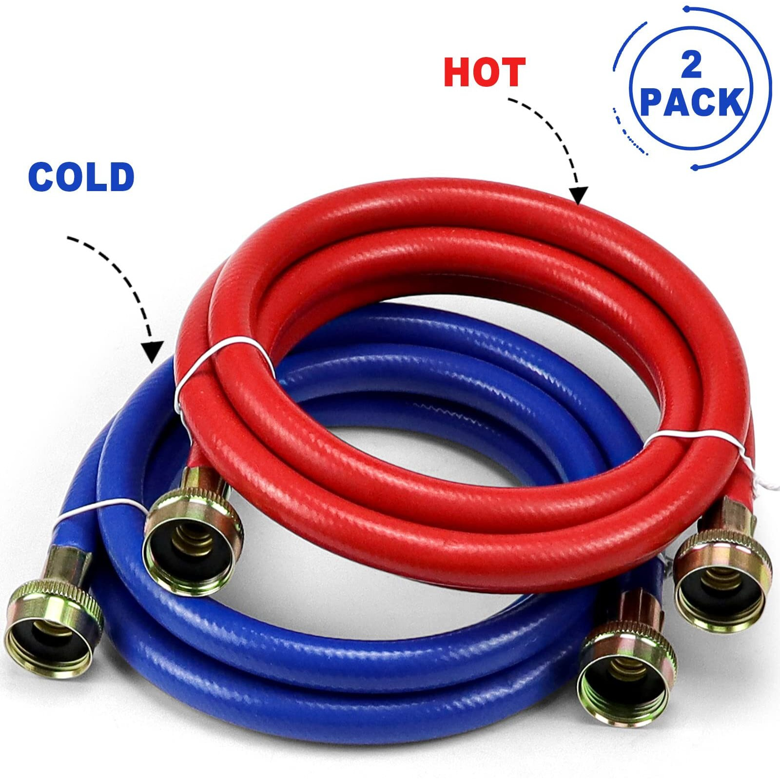 2 Pack Rubber 6Ft Washing Machine Hoses Burst Proof Red And Blue Coded Washer Hoses For Hot And Cold Water 3/4" Connection Water Supply Lines By Fetechmate - 10 Year Warranty