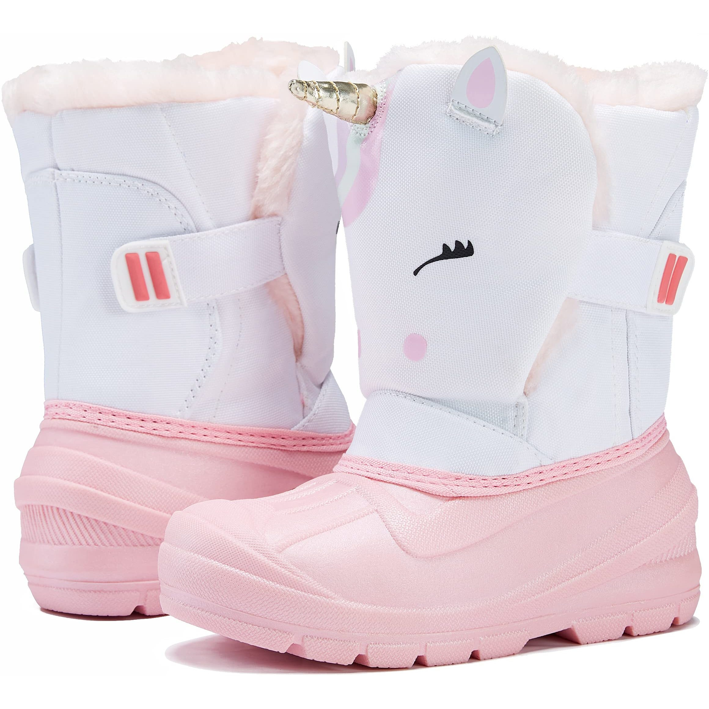Morendl Toddler Girls Snow Boots Insulated Waterproof Omni-Heat Winter Boots With Cute Unicorn Print White Pink 12 Us Little Kid