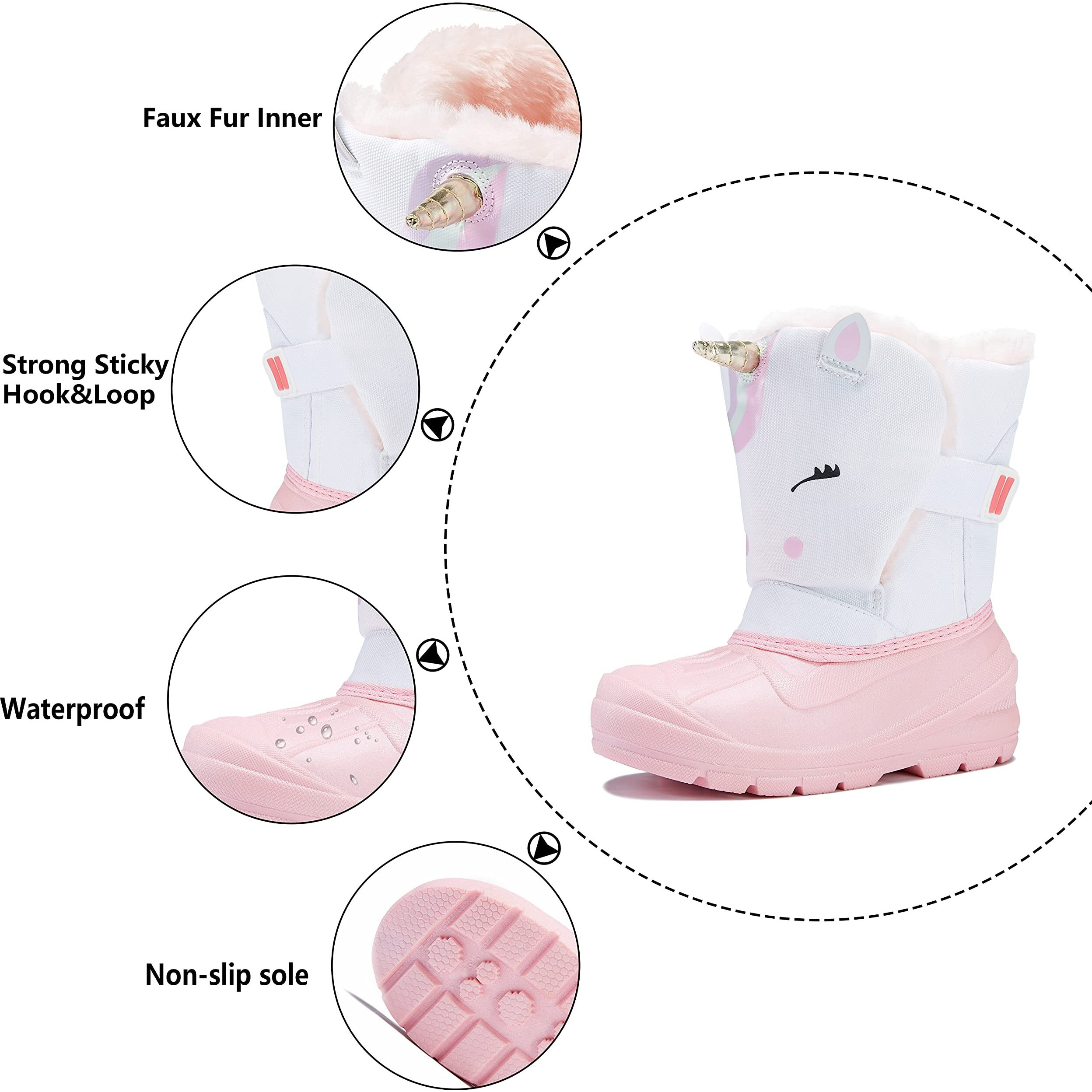 Morendl Toddler Girls Snow Boots Insulated Waterproof Omni-Heat Winter Boots With Cute Unicorn Print White Pink 12 Us Little Kid