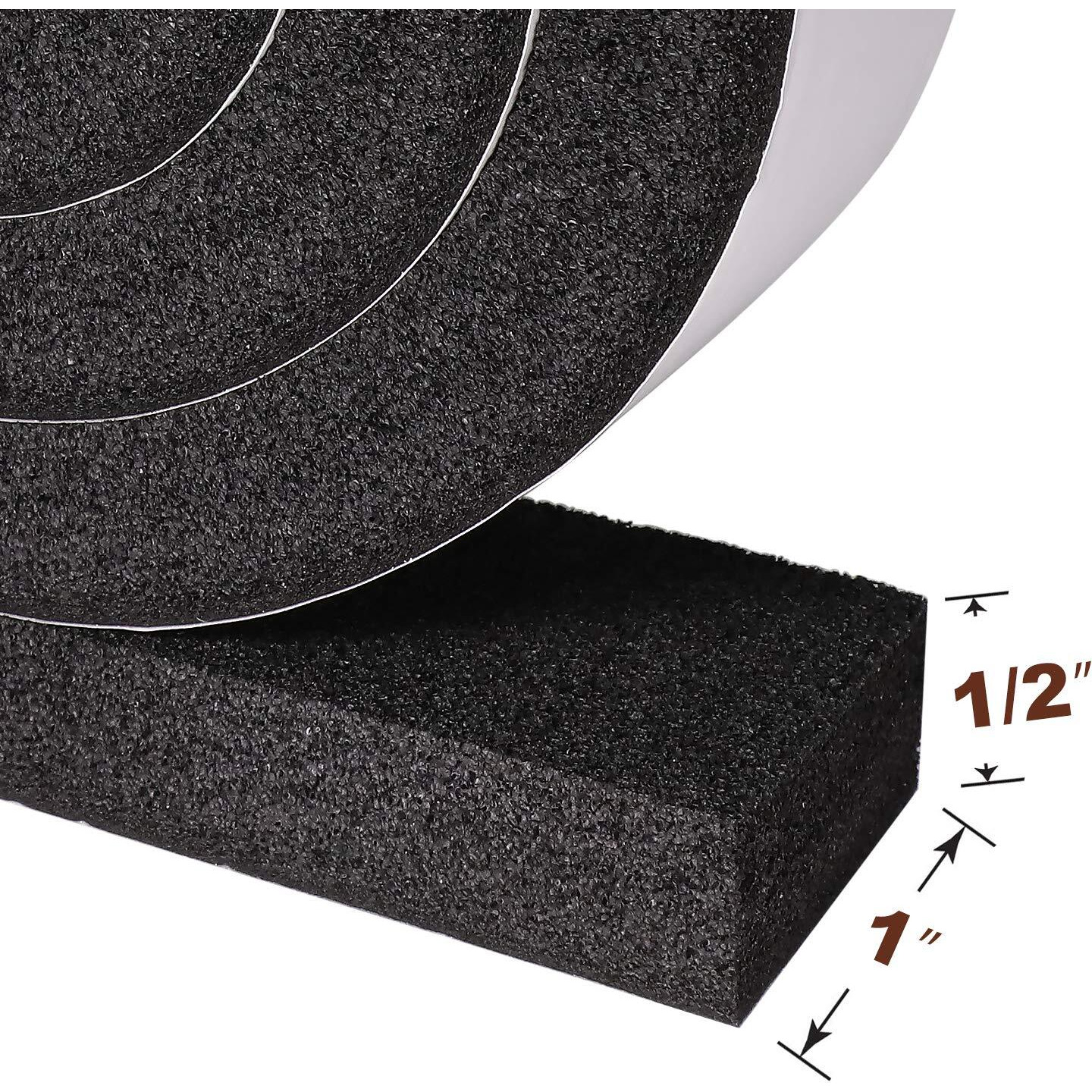 Yotache Maximum Compression Sponge 1 X 1/2 Inch, Rubber Foam Strip Adhesive For Insulation, Weatherstrip, Gap Blocker, Anti-Vibration, Anti-Collision, 6.5 Feet Long, 2 Pcs