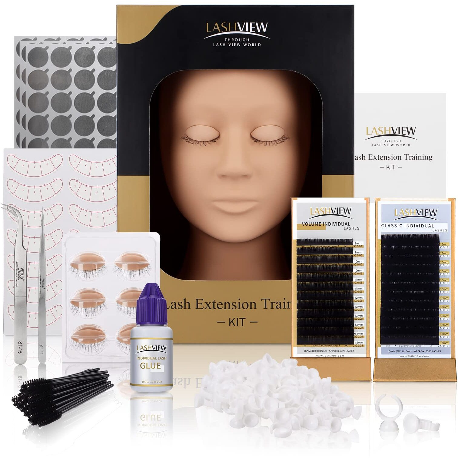 Lashview Lash Extension Kit, Eyelash Extension Kit,Professional Eyelash Mannequin Head Kit With 4Pc Removable Eyelids, Lash Kit For Eyelash Extensions Beginners,Training Makeup And Eyelash Graft
