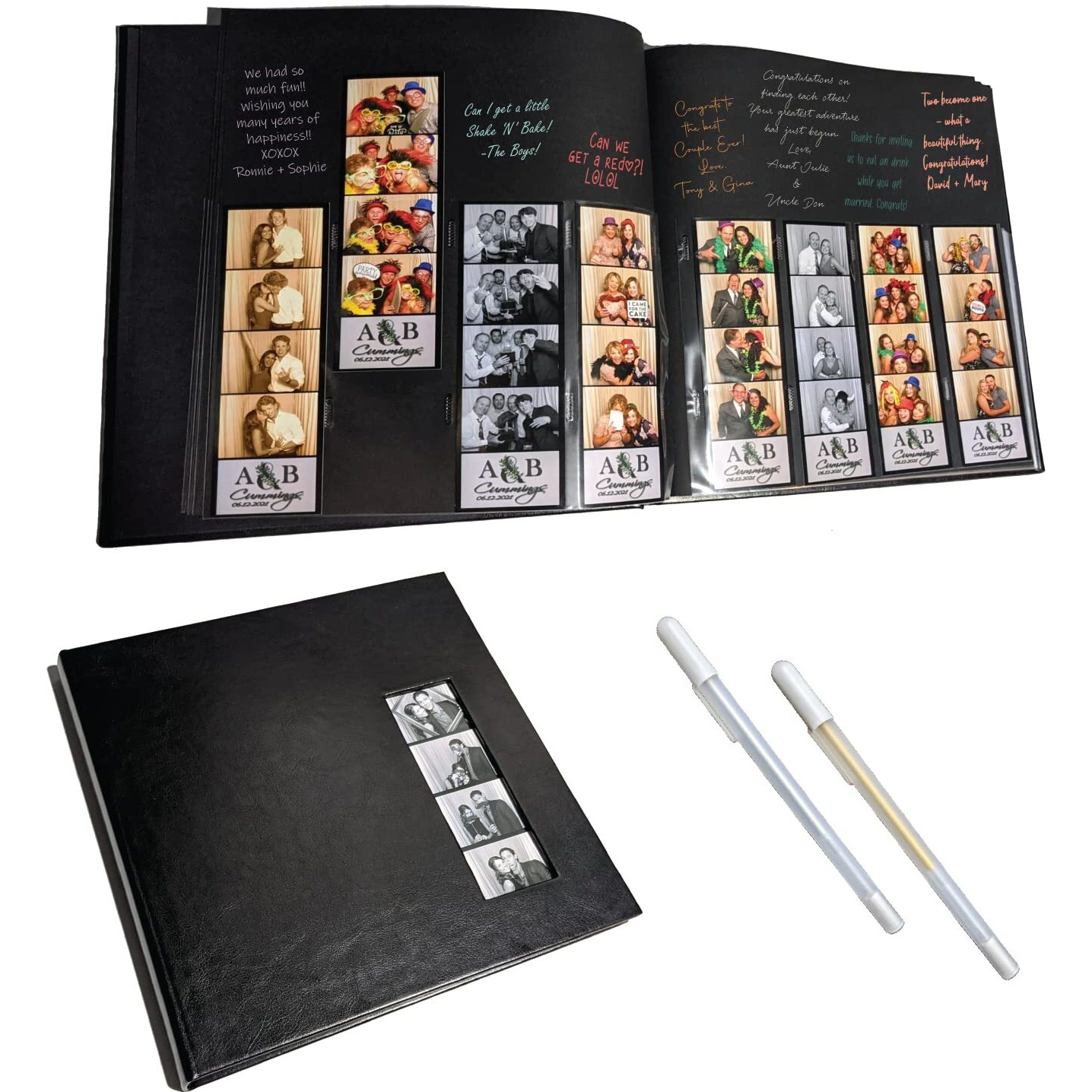 Photo Booth Nook Scrapbook Album With Gel Pens (1 Count) - Scrapbooking Journal With Leather Cover - 40 Black Pages, 2X6" Cover Picture Slot & Photo Strip Inserts - Wedding, Graduation Photos