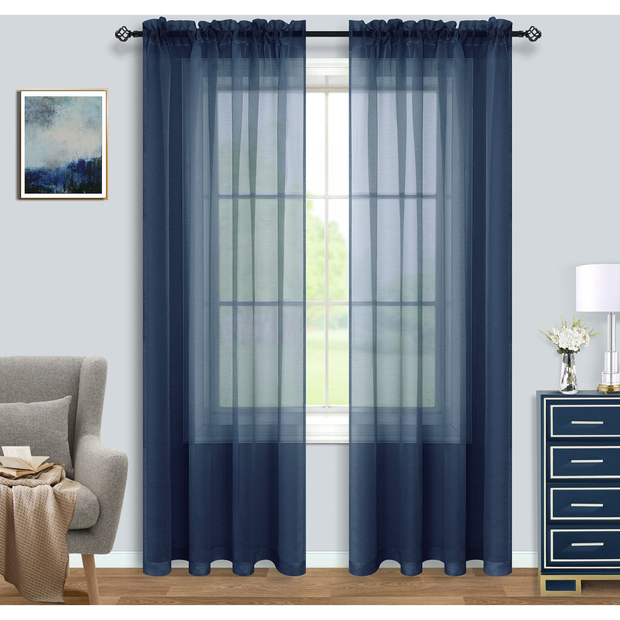 Navy Blue Curtains 84 Inch Length For Living Room 2 Panels Set Rod Pocket Window Coastal Beach Dark Blue Sheer Curtains For Bedroom 52X84 Inches Long