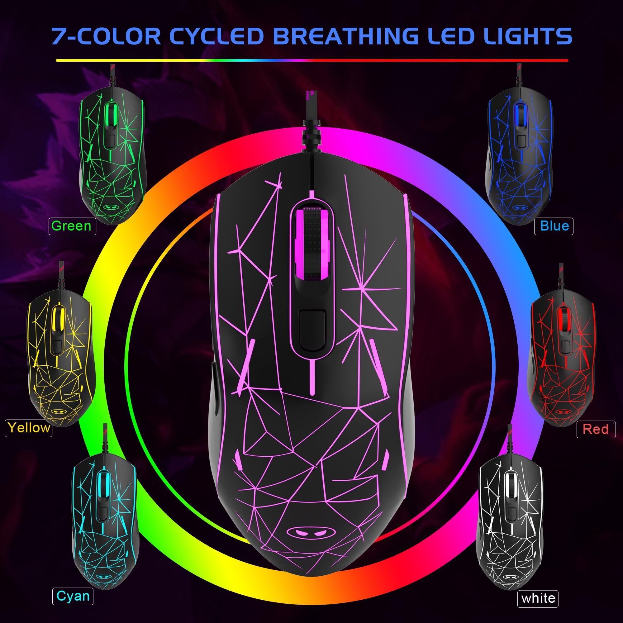 Magegee G6 Wired Gaming Mouse, Ergonomic Usb Optical Mouse With 7 Colors Breathing Led Backlit, 6 Adjustable Speed Levels From 600 To 3200 For Laptop Pc Computer Games & Work, Black