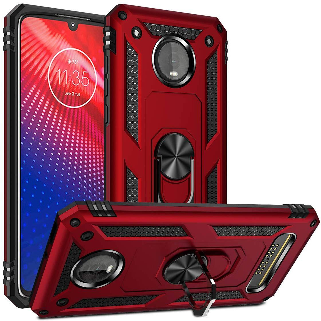 Moto Z4 Case,Moto Z4 Play Case, Military Grade Protective Moto Z4 Cases Cover With Ring Car Mount Kickstand For Moto Z4/Z4 Play - Red