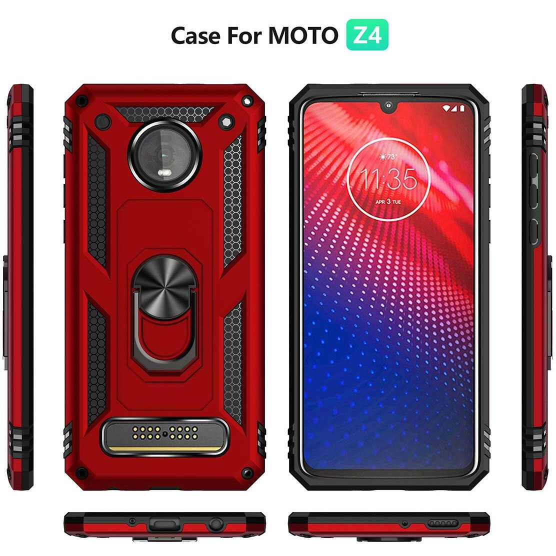 Moto Z4 Case,Moto Z4 Play Case, Military Grade Protective Moto Z4 Cases Cover With Ring Car Mount Kickstand For Moto Z4/Z4 Play - Red