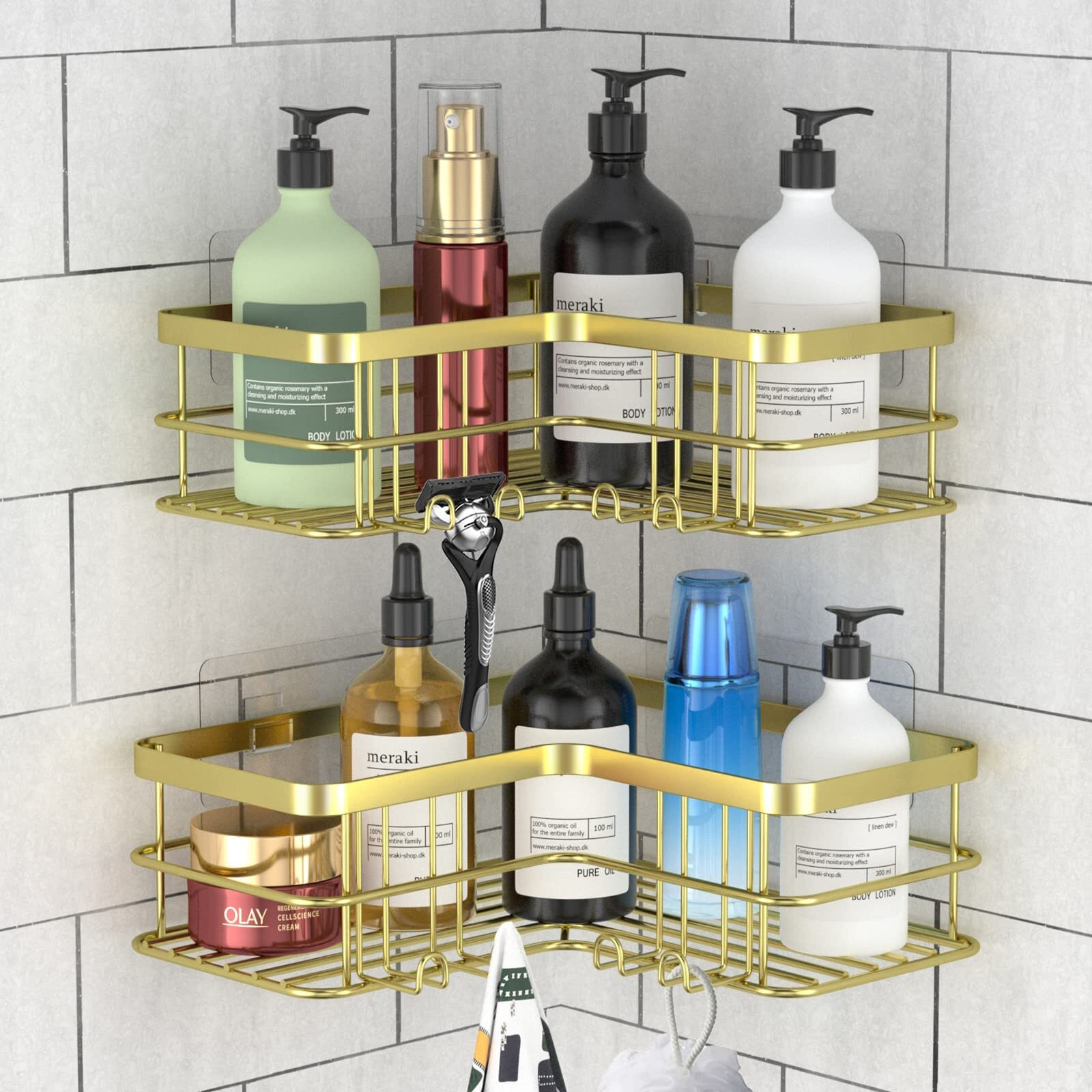 Yazoni Corner Shower Caddy, Adhesive Shower Shelves No Drilling [2-Pack], Rustproof Stainless Steel Bathroom Shower Organizer With 8 Hooks And 6 Adhesives, Shower Shelf For Inside Shower (Gold)
