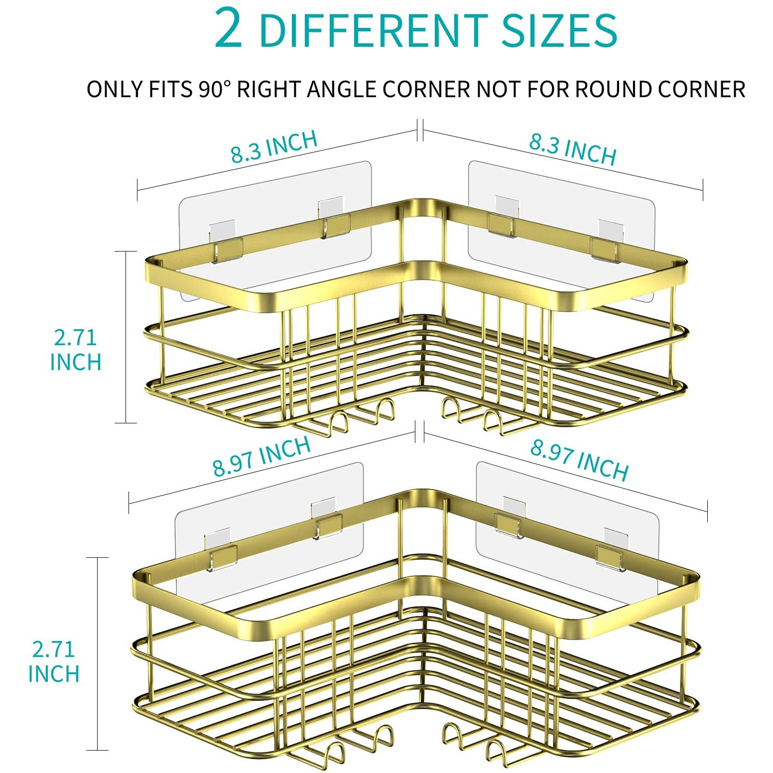 Yazoni Corner Shower Caddy, Adhesive Shower Shelves No Drilling [2-Pack], Rustproof Stainless Steel Bathroom Shower Organizer With 8 Hooks And 6 Adhesives, Shower Shelf For Inside Shower (Gold)