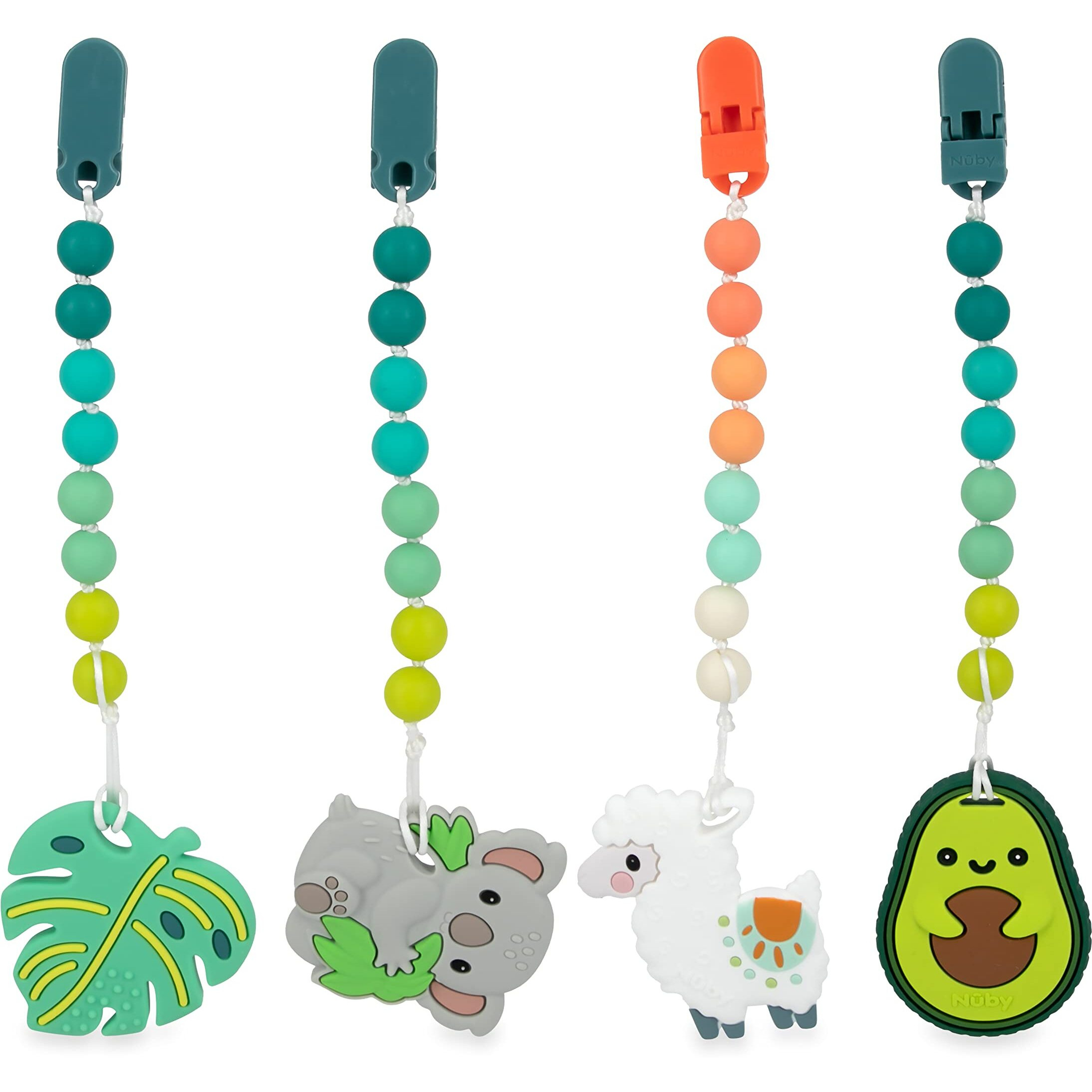 Nuby All Silicone Teether With Bonus Silicone Pacifinder With Clip - 3+ Months, 1Pk, Assorted Neutral Designs