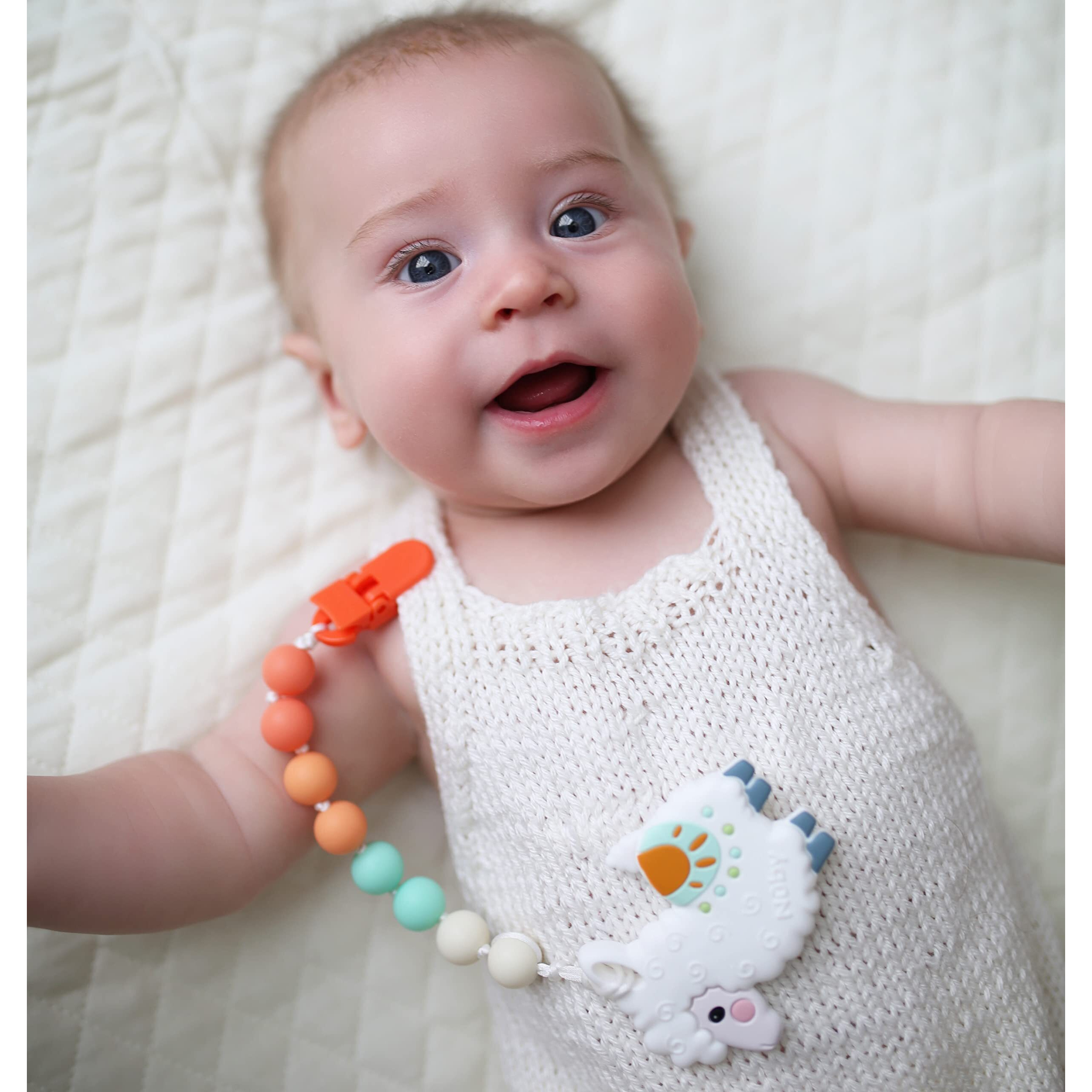 Nuby All Silicone Teether With Bonus Silicone Pacifinder With Clip - 3+ Months, 1Pk, Assorted Neutral Designs