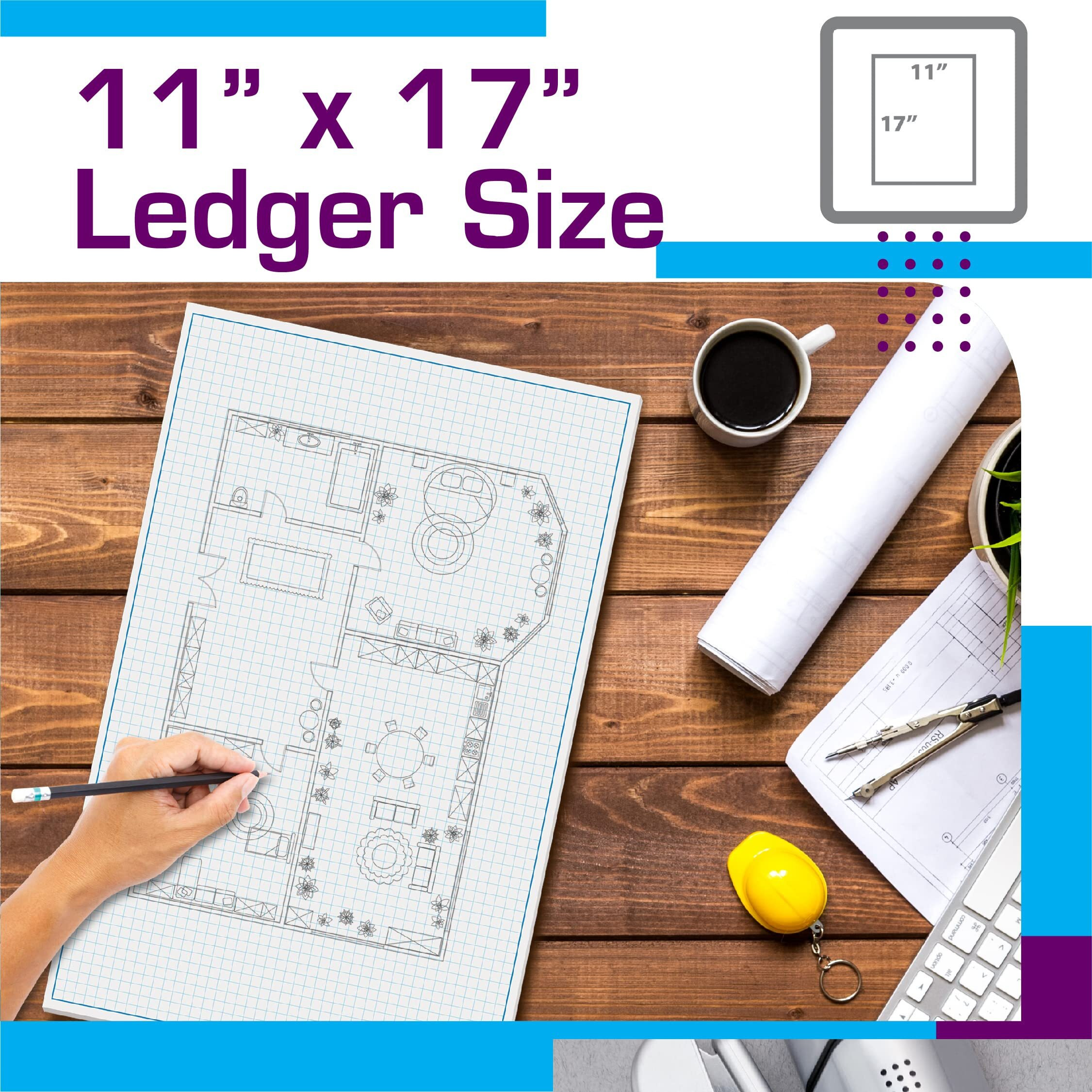 Graph Paper Pad, 17" X 11", 25 Sheets, Blue Line Border, Blueprint Paper, Double Sided, White, 4X4 Blue Quad Rule, Easy Tear Sheets, Grid Paper, Graph Paper By Better Office Products