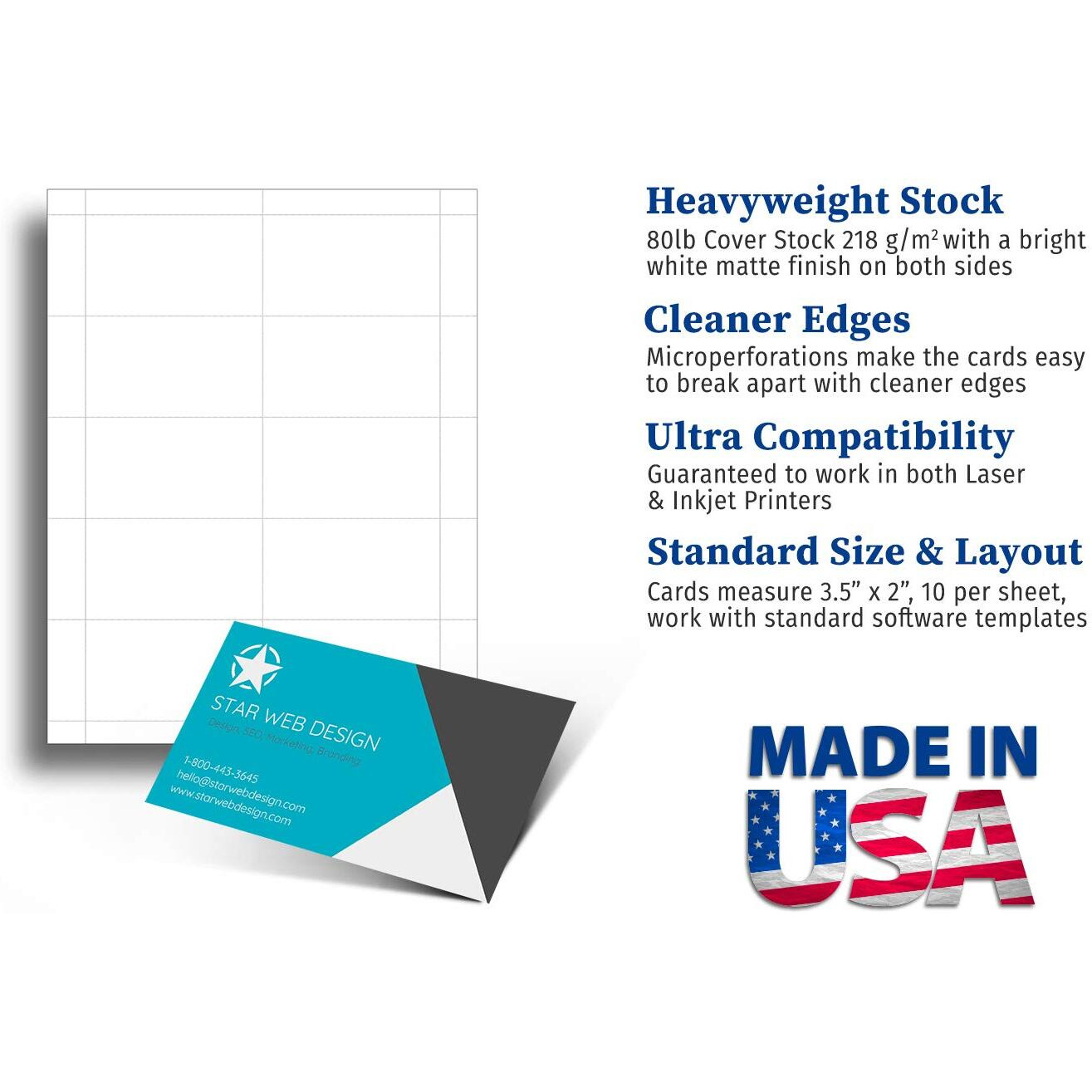 Heavyweight White Blank Business Card Paper - 20 Sheets / 200 Business Cards - 80Lb Cover / 218 Gsm - Inkjet & Laser Printer Compatible - Standard 3.5 X 2 Inches
