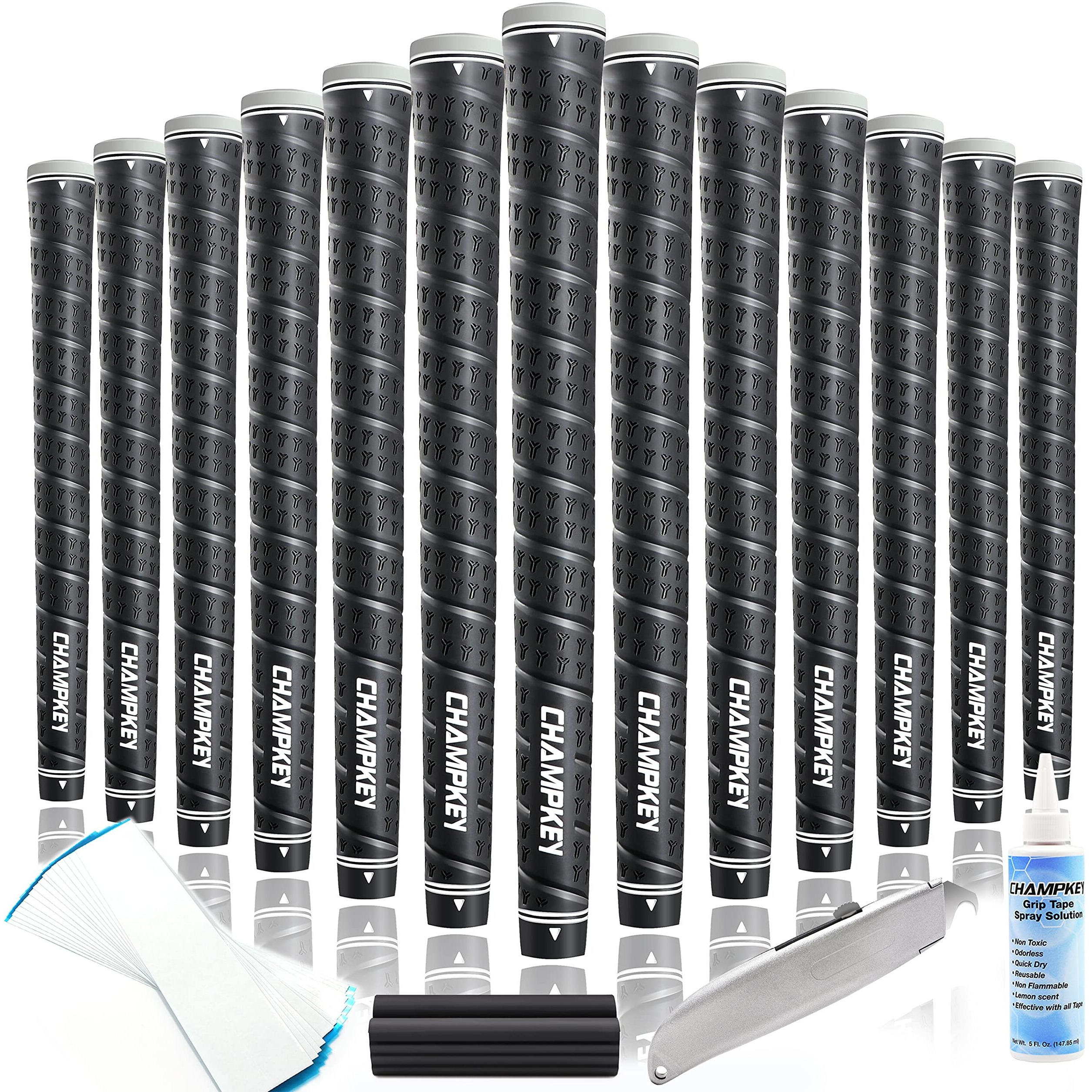 Champkey Wrap-Y Rubber Golf Grips 13 Pack Come With All Repair Kits - High Feedback And Traction Golf Club Grips(Midsize, Black)