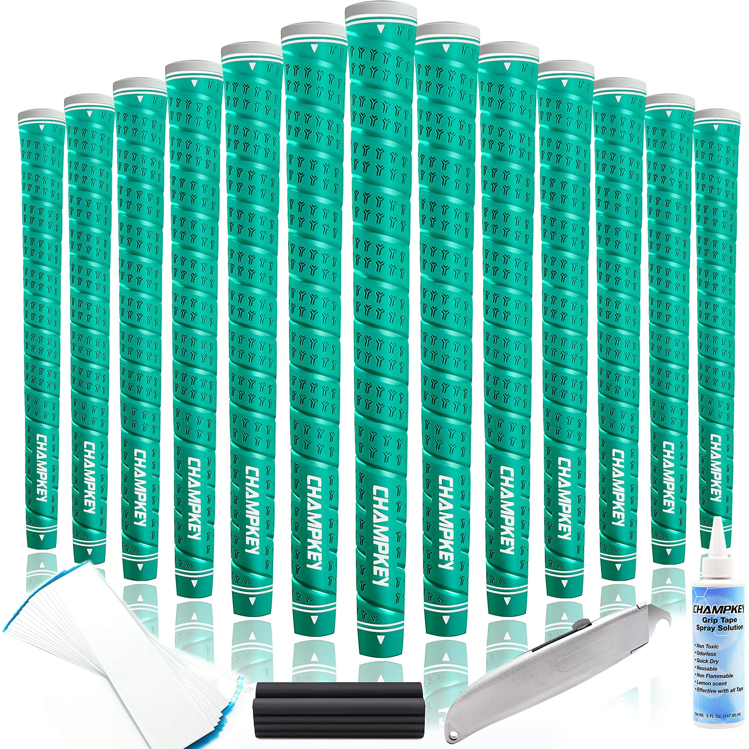 Champkey Wrap-Y Rubber Golf Grips 13 Pack Come With All Repair Kits - High Feedback And Traction Golf Club Grips(Midsize, Green)