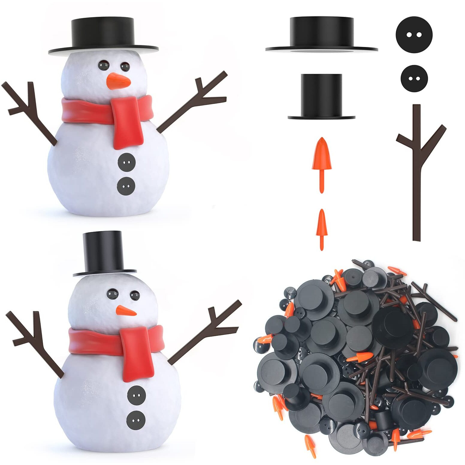 Outivity 600 Pcs Snowman Crafts Diy Kits For Winter Kids Holiday Party Decor Gift,Includes 60 Mini Black Top Hats,360 Tiny Sewing Buttons,60 Carrot Noses Buttons And 120 Snowman Hands