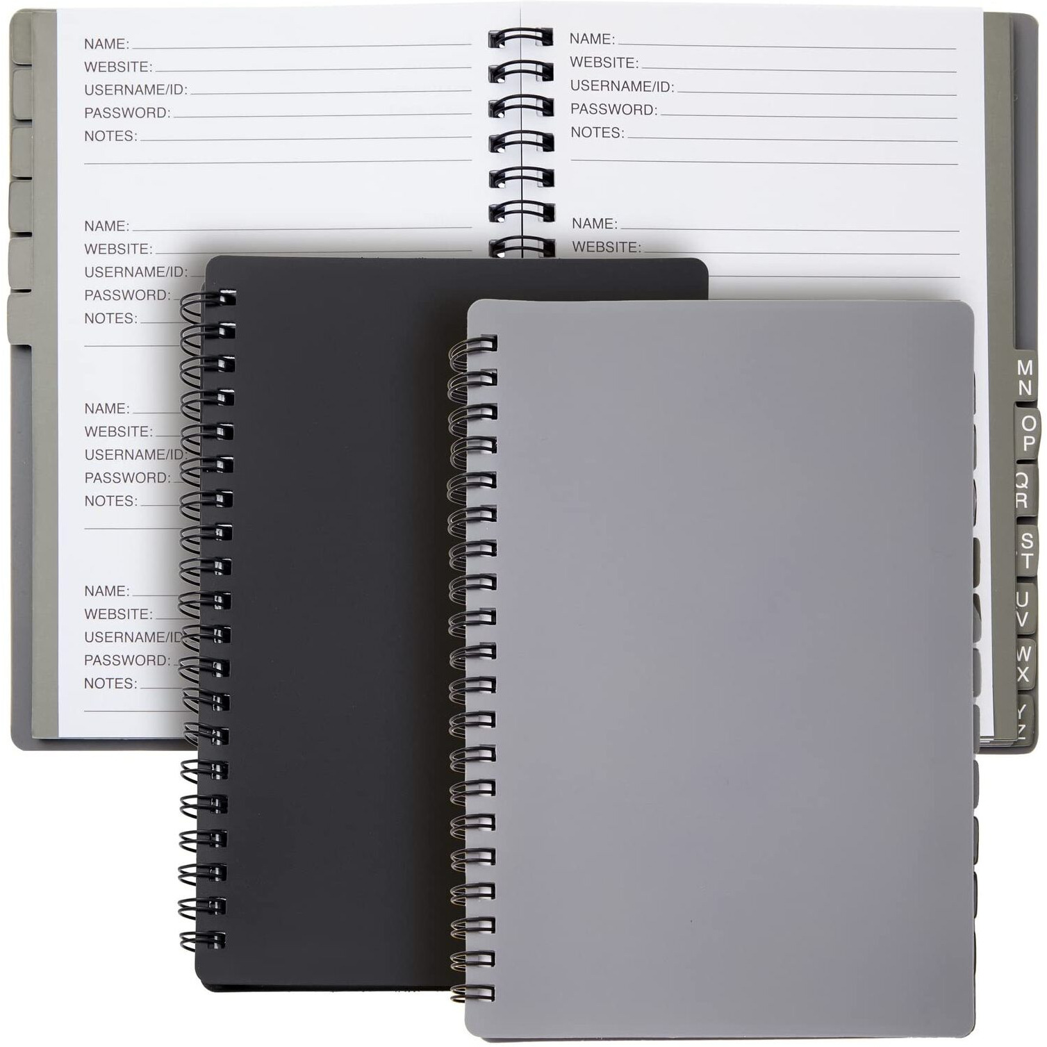 Juvale 2 Pack Spiral Password Notebook With Alphabetical Tabs, Internet Address Keeper Logbooks, Gray/Black (6X7 In)