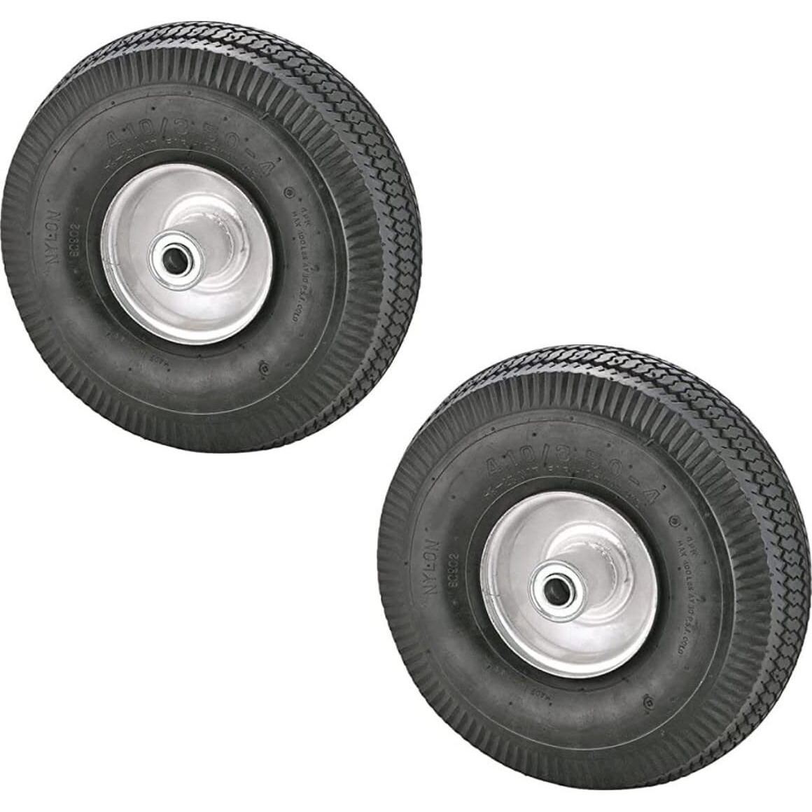Rocky Mountain Dolly Wheel 4.10/3.50-4 - Heavy Duty Replacement Tire/Rim For Hand Truck, Cart, Dolly, Garden Cart - 2.25 Offset Hub With Pneumatic 5/8 Ball Bearing - Sawtooth Tread - 400 Lb (2)