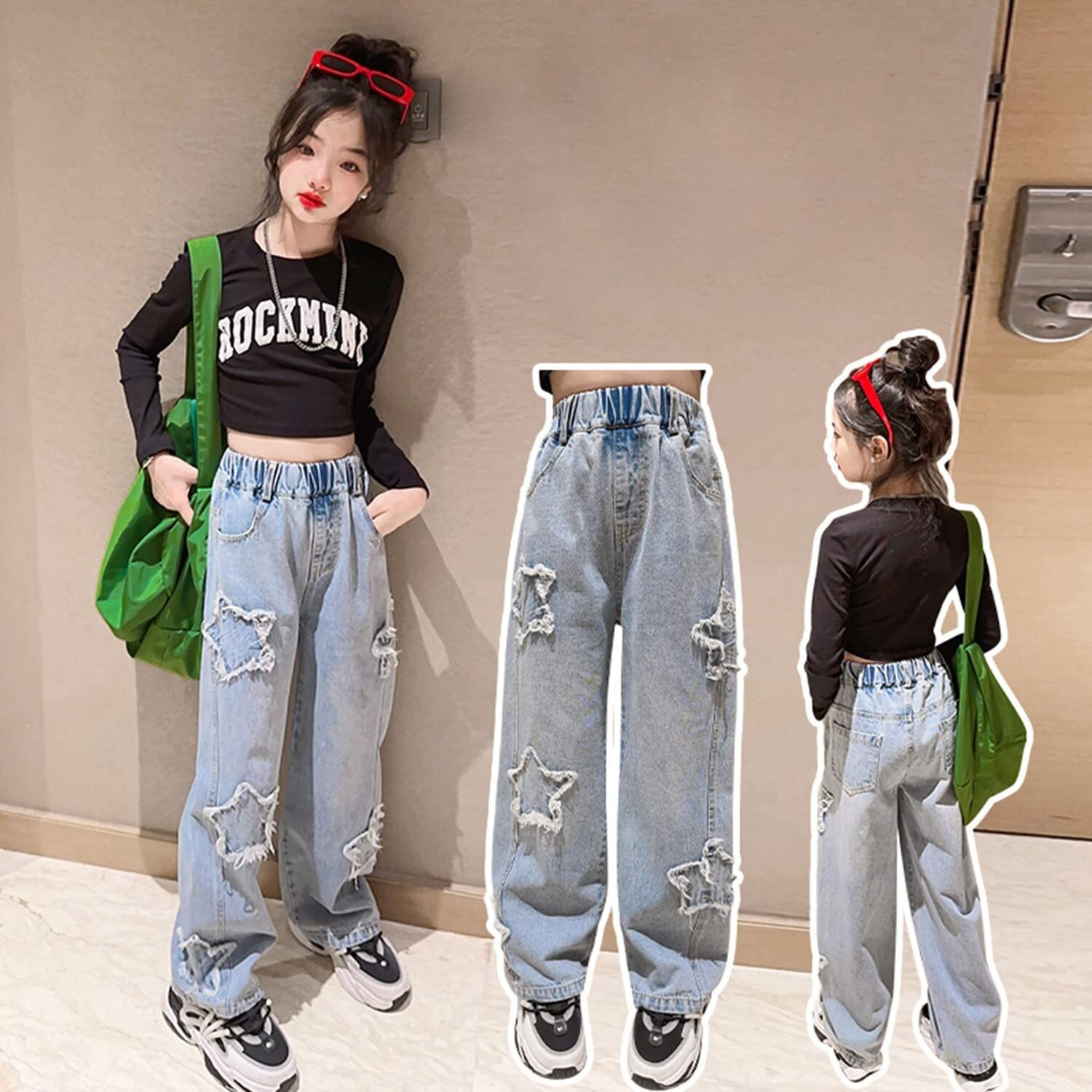 Rolanko Big Girls Baggy Jeans Elastic Wide Leg Denim Pants Star Pattern Loose Trousers Kids Clothes (Star, 14-16)
