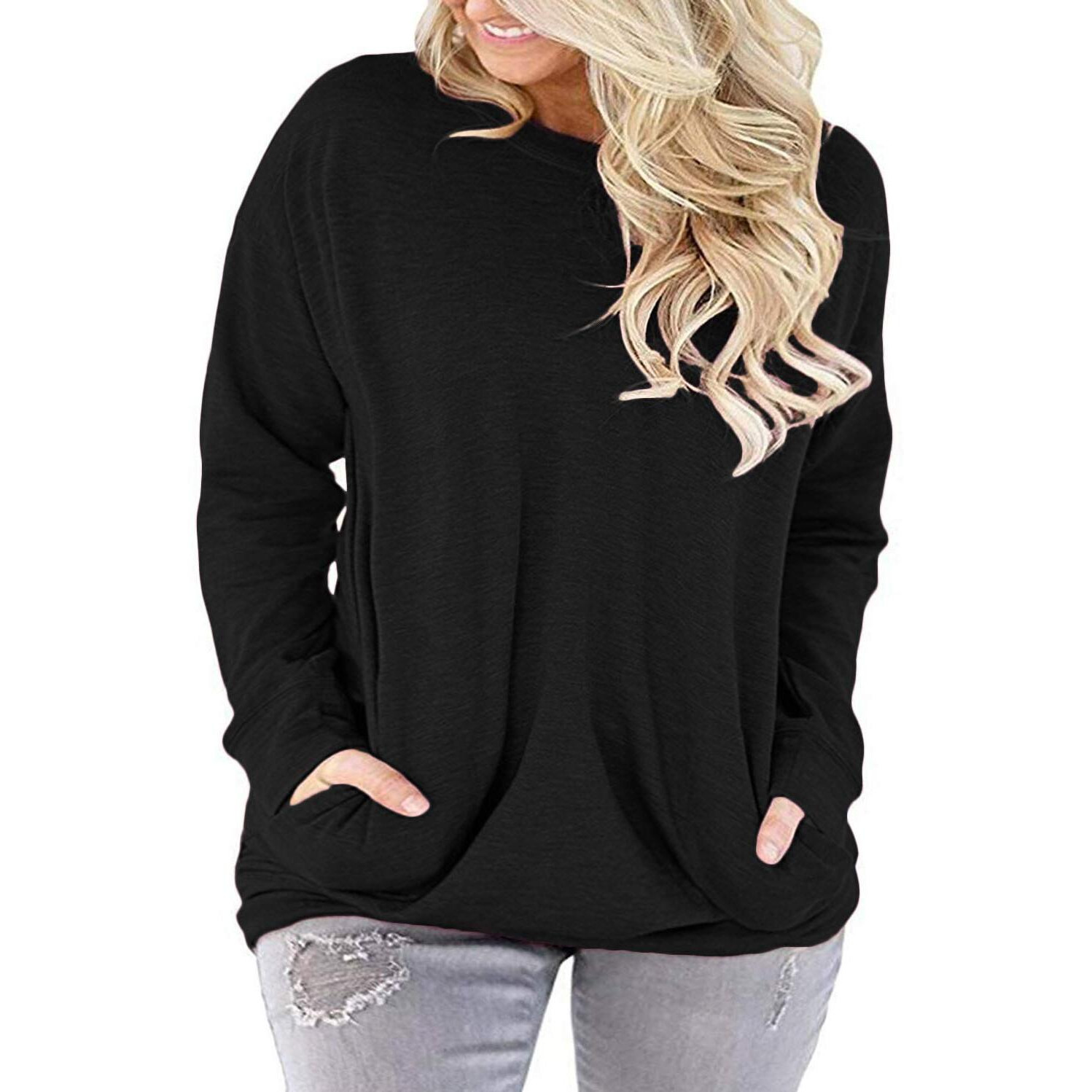 Womens Plus Size Solid Color Tops Casual Round Neck T-Shirt Blouse Shirts Black 20W