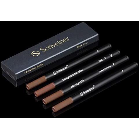 Scriveiner Rollerball Refill Black Fine - 4 Rollerball Refills Designed For Scriveiner Pens - Safety Ceramic Non Dry Roller Pen Refill F - Schmidt 888 Size - Made In Germany