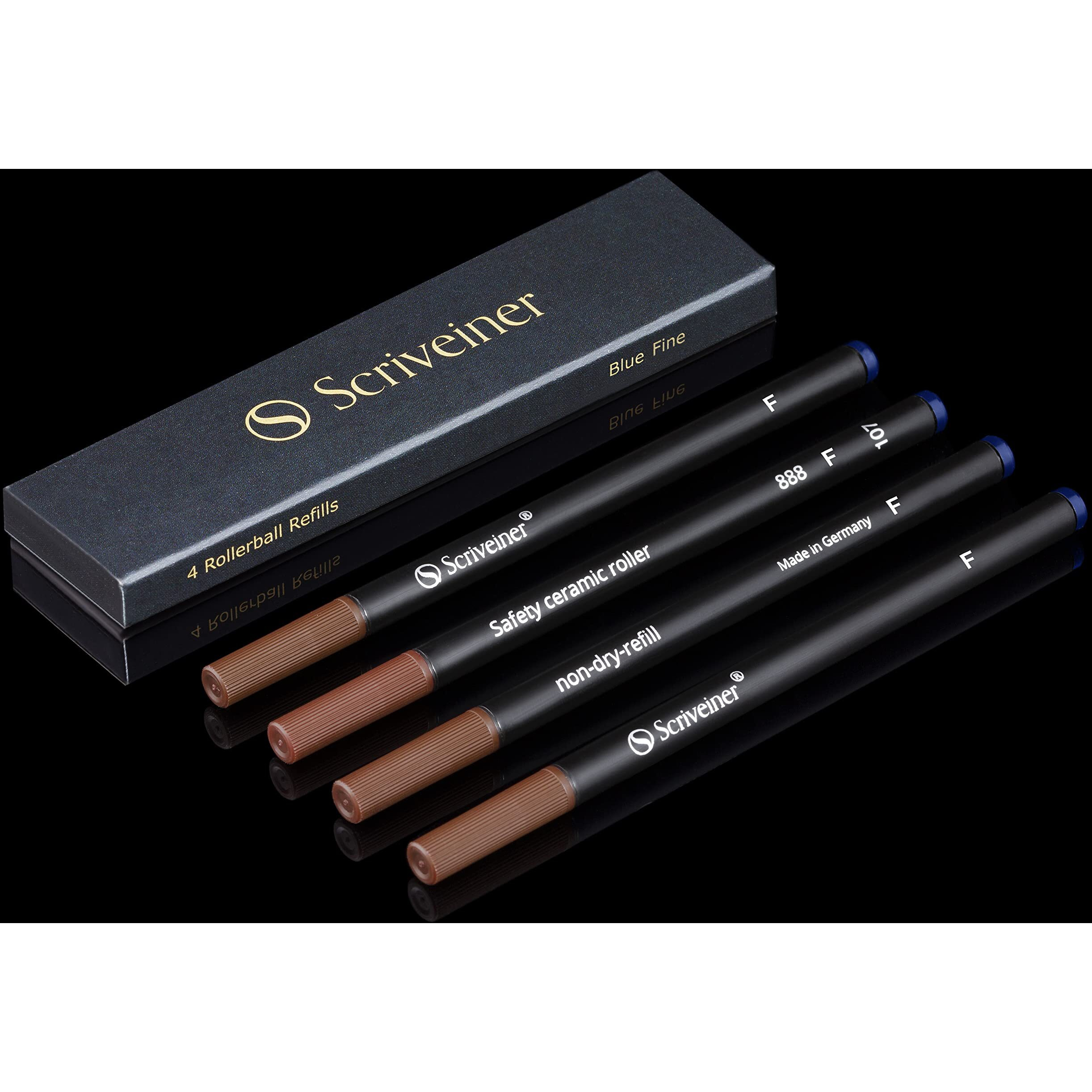 Scriveiner Rollerball Refill Blue Fine - 4 Rollerball Refills Designed For Scriveiner Pens - Safety Ceramic Non Dry Roller Pen Refill F - Schmidt 888 Size - Made In Germany