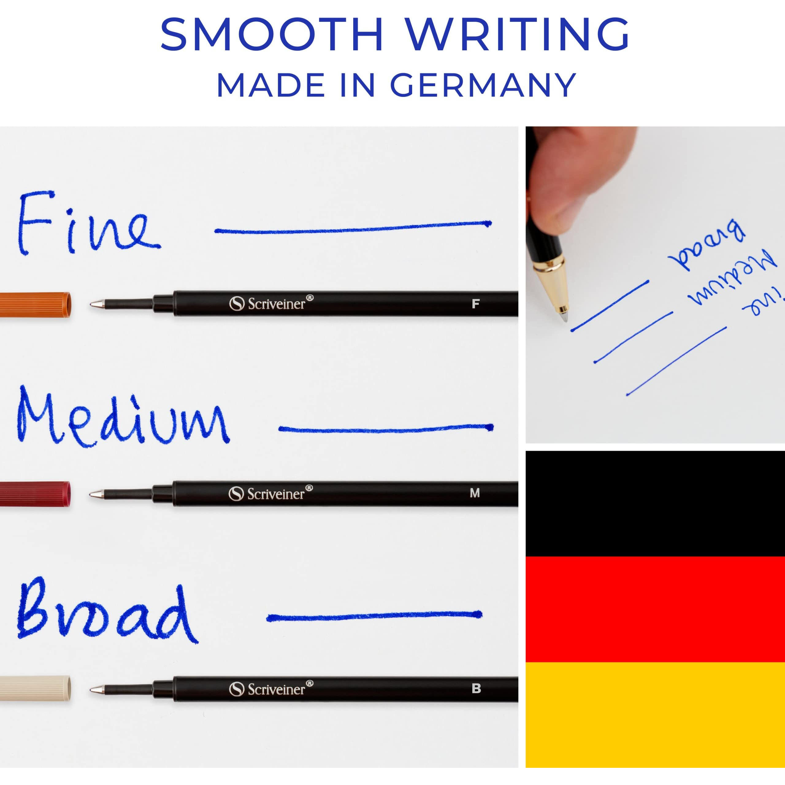 Scriveiner Rollerball Refill Blue Fine - 4 Rollerball Refills Designed For Scriveiner Pens - Safety Ceramic Non Dry Roller Pen Refill F - Schmidt 888 Size - Made In Germany