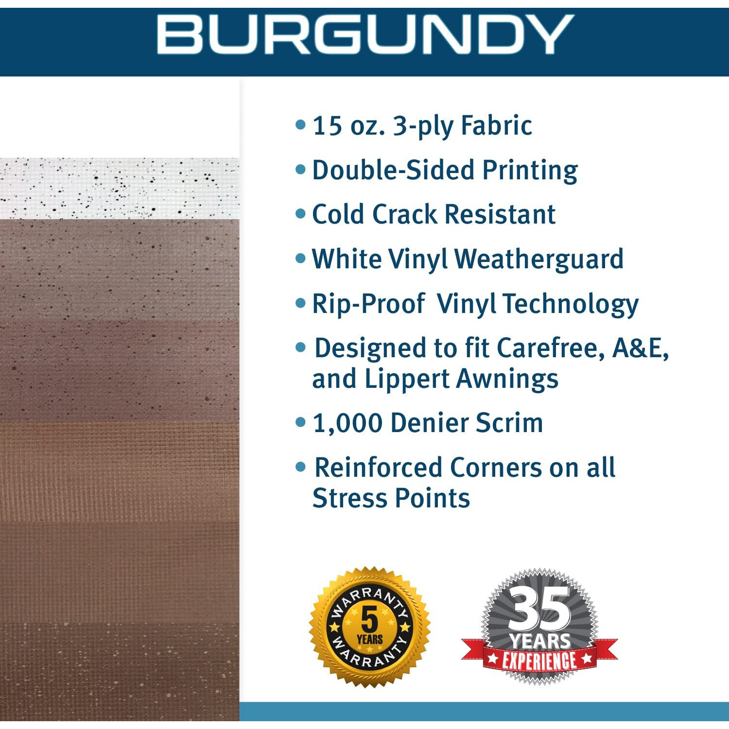 Shadepro - Rv Awning Fabric Replacement - Heavy Duty Weatherproof Vinyl - Universal Outdoor Canopy For Camper, Trailer, And Motorhome Awnings - Burgundy - 20' (Fabric 19' 2")