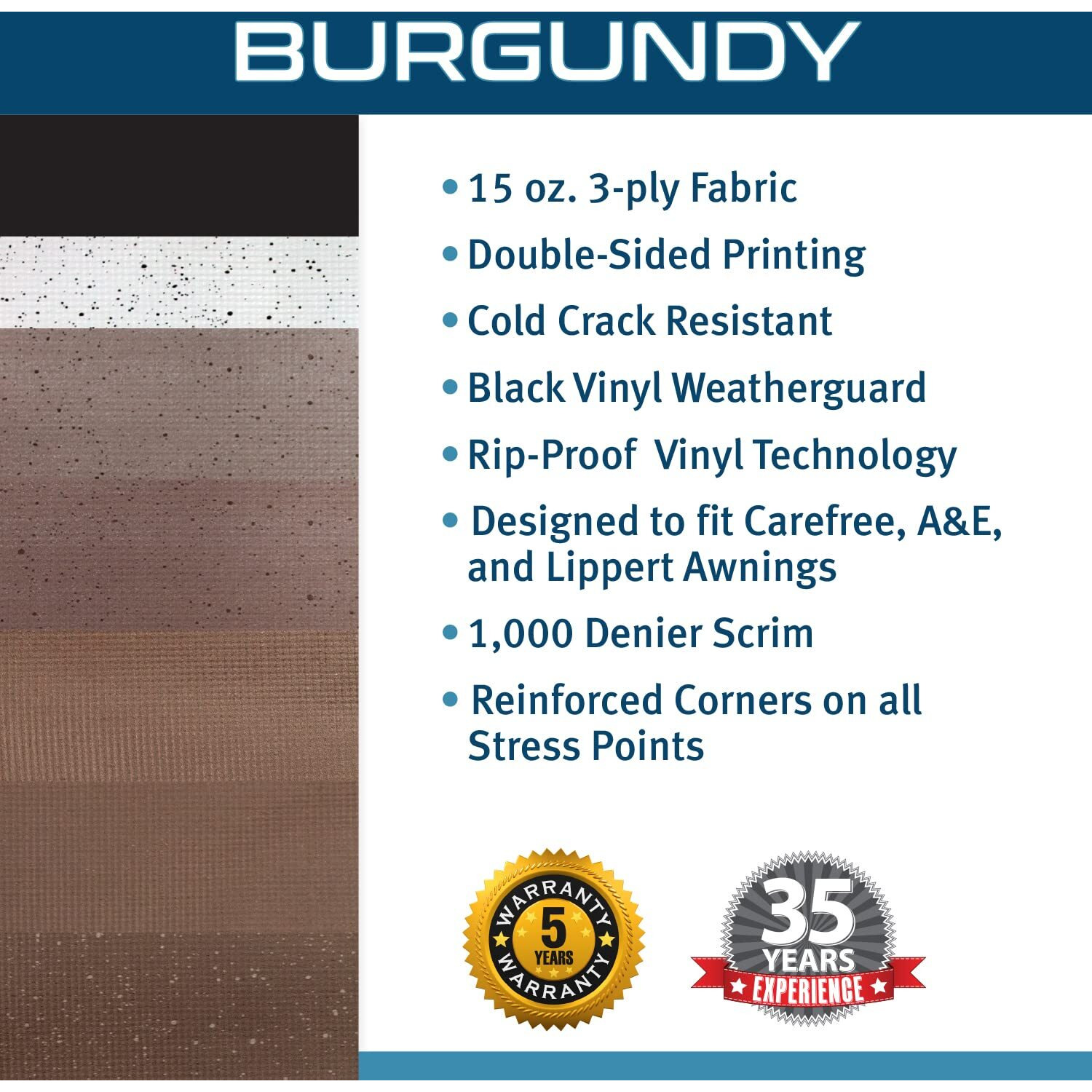 Shadepro - Rv Awning Fabric Replacement - Heavy Duty Weatherproof Vinyl - Universal Outdoor Canopy For Camper, Trailer, And Motorhome Awnings - Burgundy Blk Wg - 19' (Fabric 18' 2")
