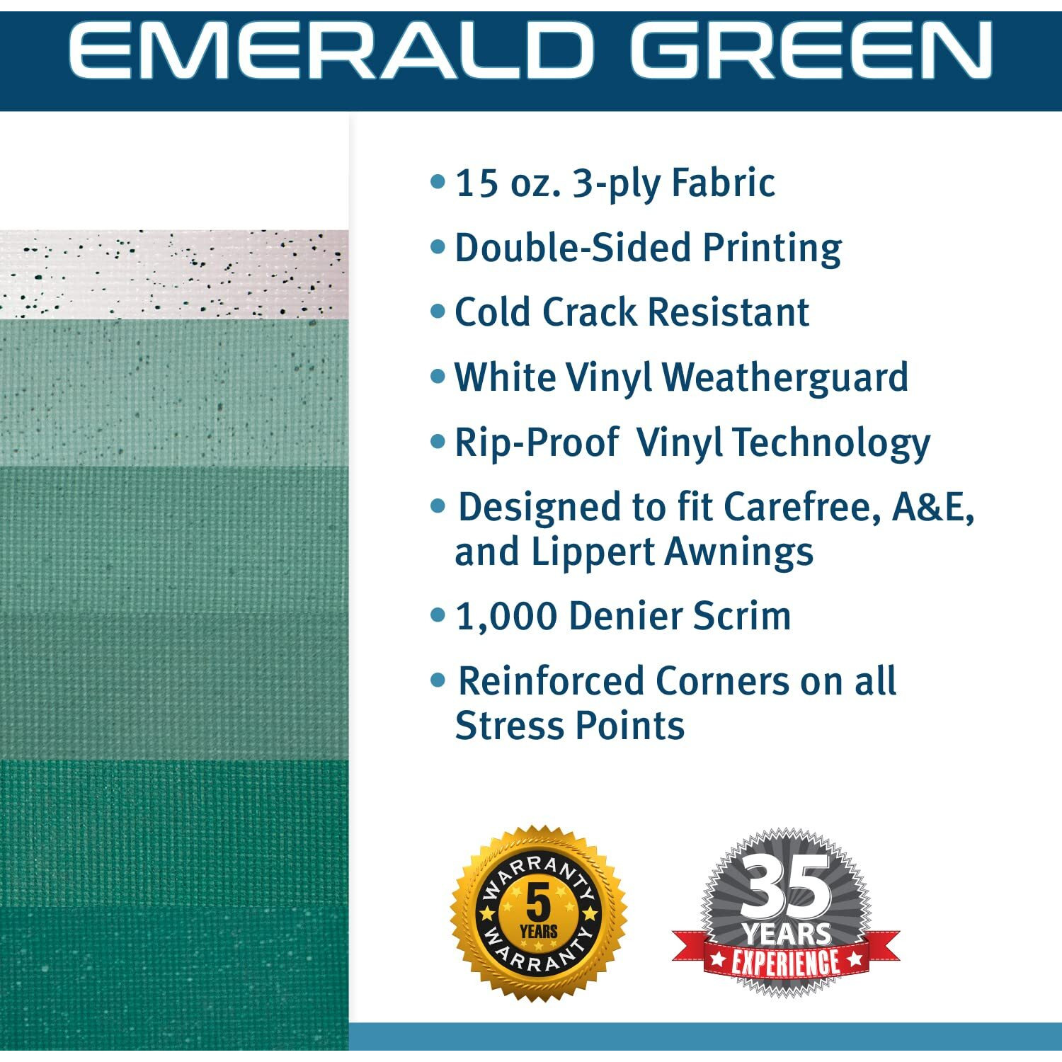 Shadepro - Rv Awning Fabric Replacement - Heavy Duty Weatherproof Vinyl - Universal Outdoor Canopy For Camper, Trailer, And Motorhome Awnings - Emerald Green - 18' (Fabric 17' 2")