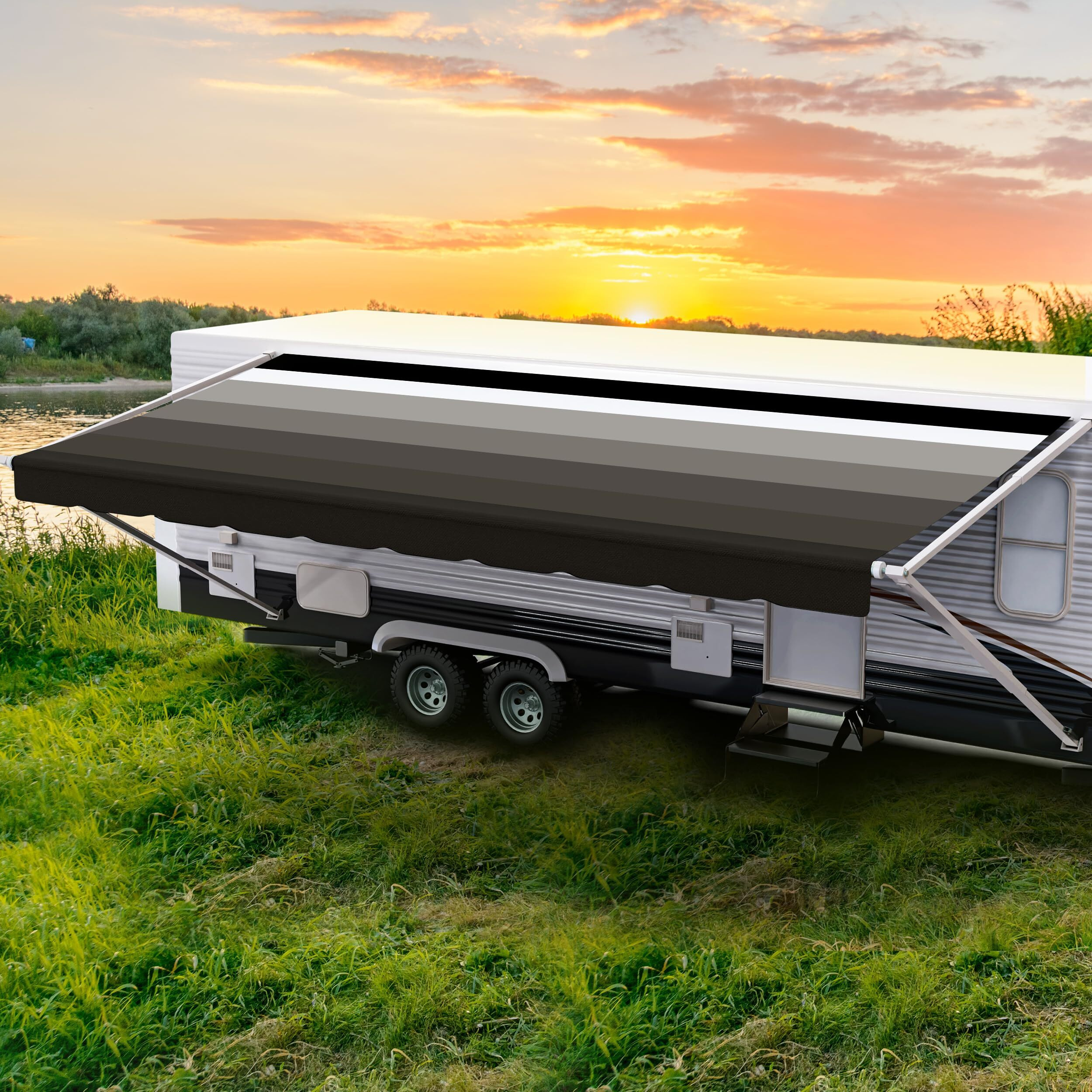 Shadepro - Rv Awning Fabric Replacement - Heavy Duty Weatherproof Vinyl - Universal Outdoor Canopy For Camper, Trailer, And Motorhome Awnings - Granite Blk Wg - 15' (Fabric 14' 2")