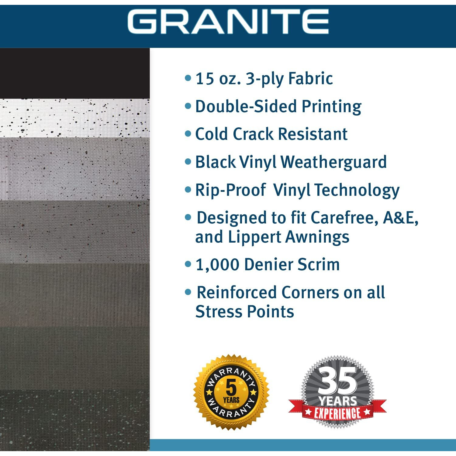Shadepro - Rv Awning Fabric Replacement - Heavy Duty Weatherproof Vinyl - Universal Outdoor Canopy For Camper, Trailer, And Motorhome Awnings - Granite Blk Wg - 15' (Fabric 14' 2")