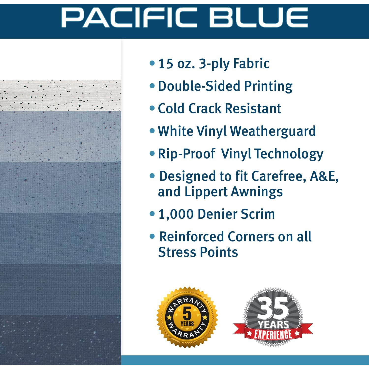 Shadepro - Rv Awning Fabric Replacement - Heavy Duty Weatherproof Vinyl - Universal Outdoor Canopy For Camper, Trailer, And Motorhome Awnings - Pacific Blue - 24' (Fabric 23' 2")