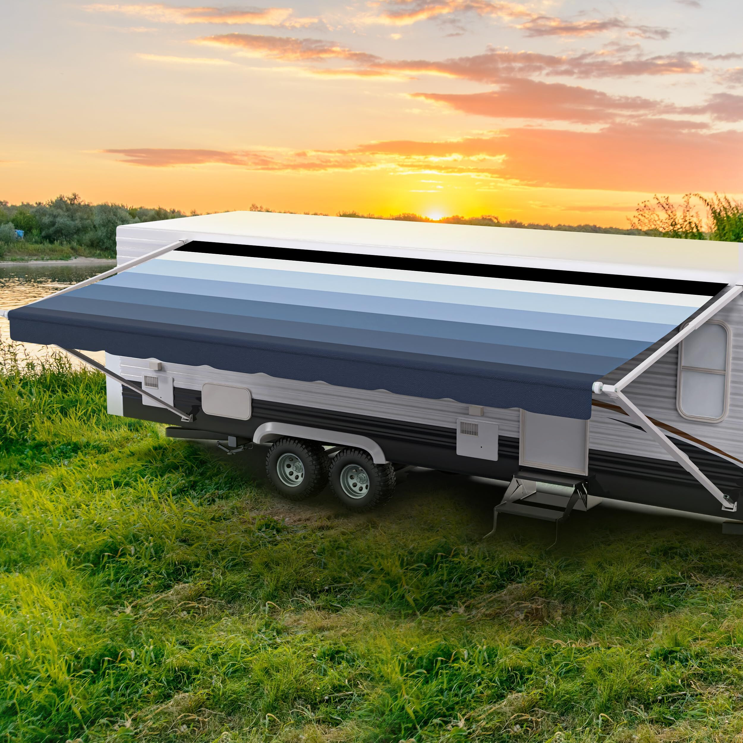 Shadepro - Rv Awning Fabric Replacement - Heavy Duty Weatherproof Vinyl - Universal Outdoor Canopy For Camper, Trailer, And Motorhome Awnings - Pacific Blue Blk Wg - 15' (Fabric 14' 2")