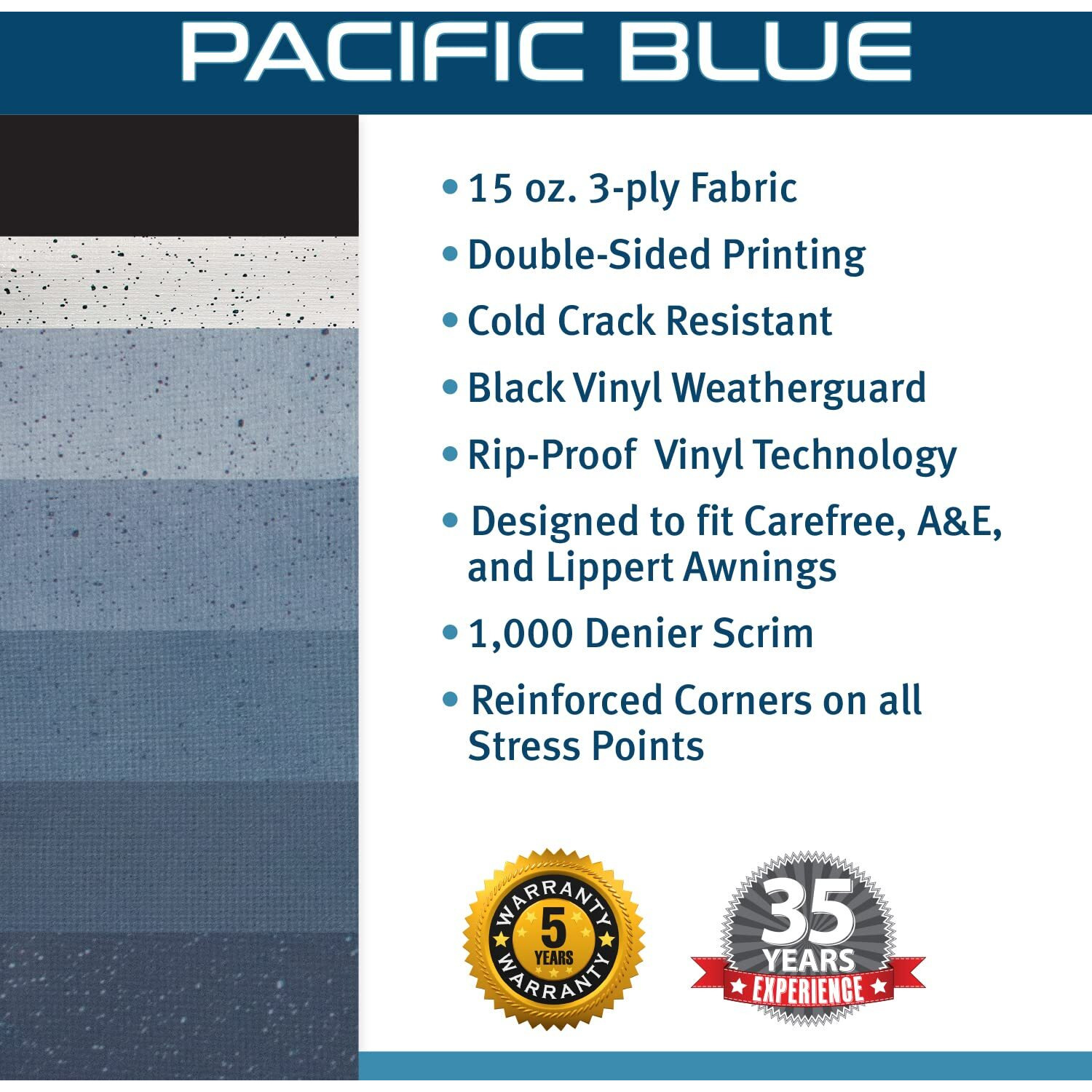 Shadepro - Rv Awning Fabric Replacement - Heavy Duty Weatherproof Vinyl - Universal Outdoor Canopy For Camper, Trailer, And Motorhome Awnings - Pacific Blue Blk Wg - 15' (Fabric 14' 2")