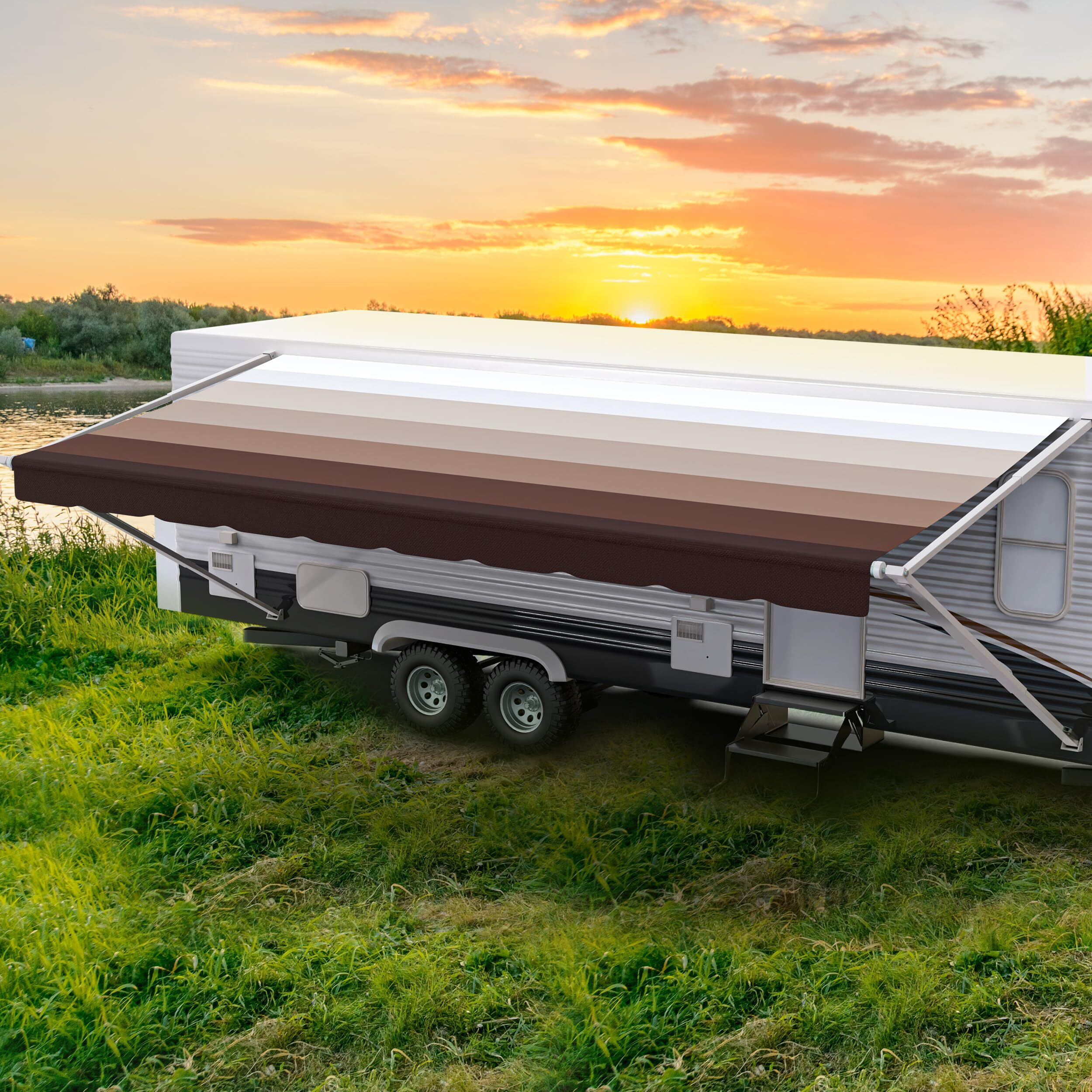 Shadepro - Rv Awning Fabric Replacement - Heavy Duty Weatherproof Vinyl - Universal Outdoor Canopy For Camper, Trailer, And Motorhome Awnings - Walnut Brown - 16' (Fabric 15' 2")