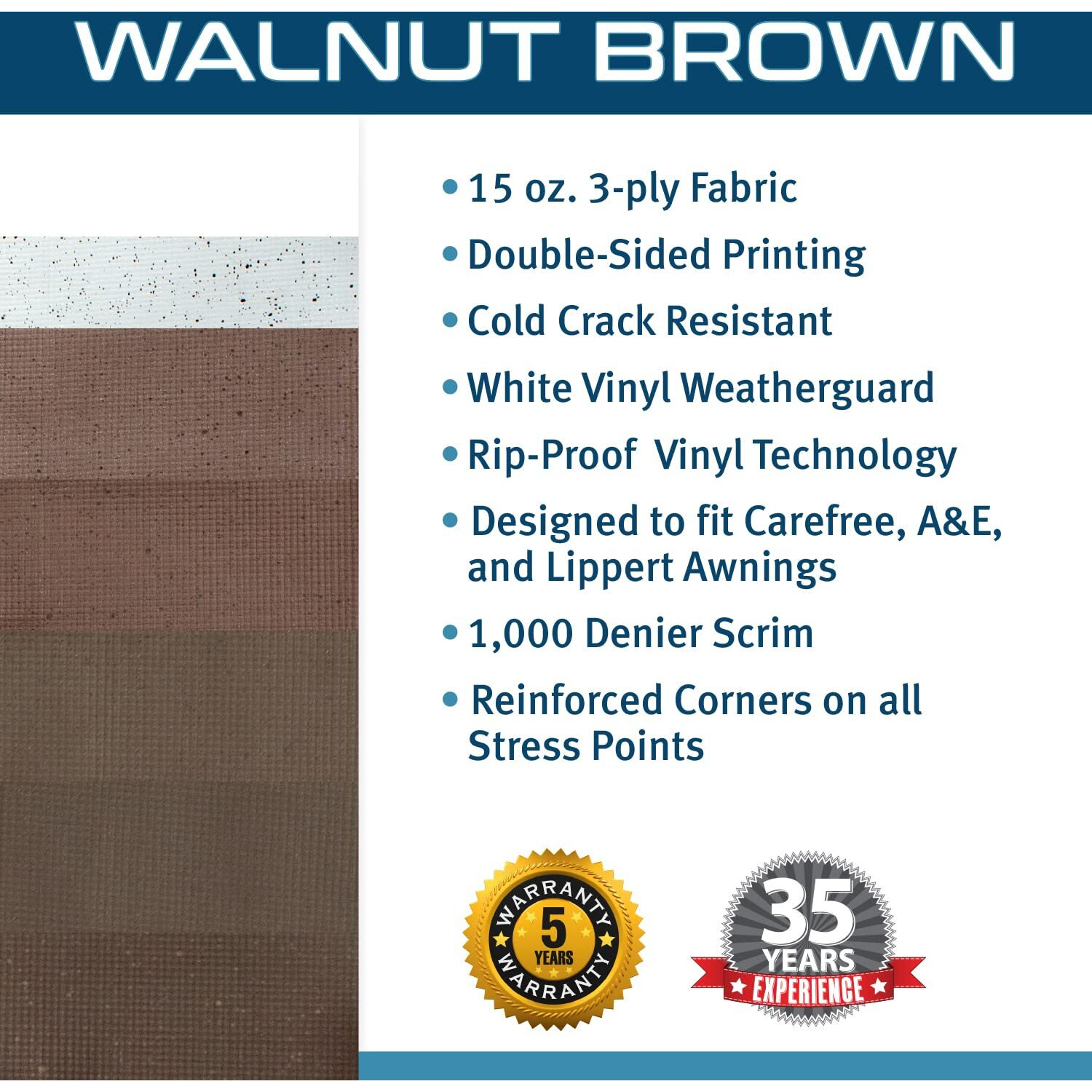 Shadepro - Rv Awning Fabric Replacement - Heavy Duty Weatherproof Vinyl - Universal Outdoor Canopy For Camper, Trailer, And Motorhome Awnings - Walnut Brown - 16' (Fabric 15' 2")