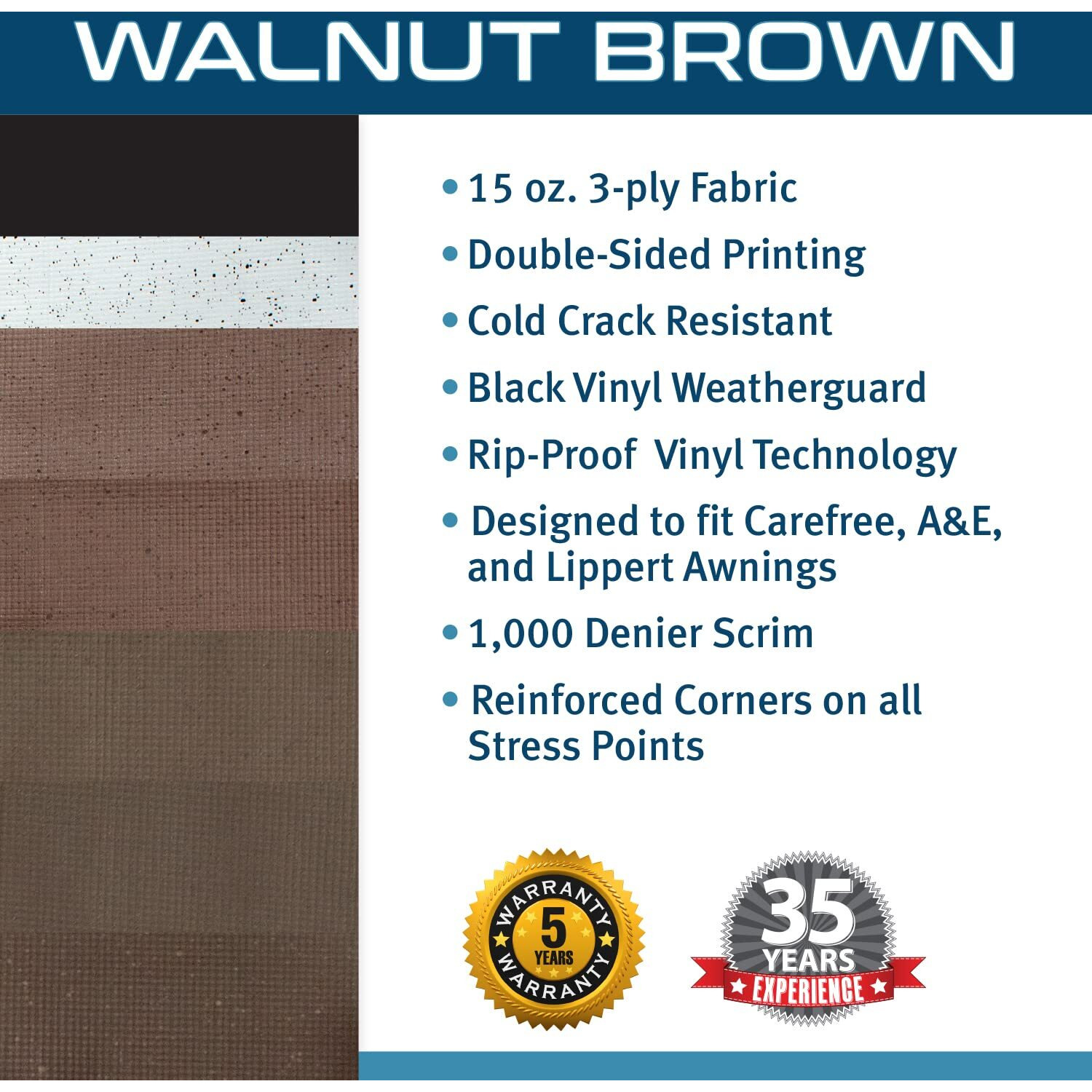 Shadepro - Rv Awning Fabric Replacement - Heavy Duty Weatherproof Vinyl - Universal Outdoor Canopy For Camper, Trailer, And Motorhome Awnings - Walnut Brown Blk Wg - 17' (Fabric 16' 2")