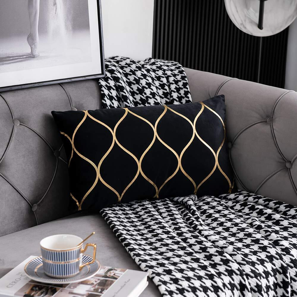 Dezene 12X20 Inch Gold Velvet Throw Pillow Covers 2 Pack Rectangular Decorative Pillow Cases For Bedroom Sofa Couch Living Room, Black