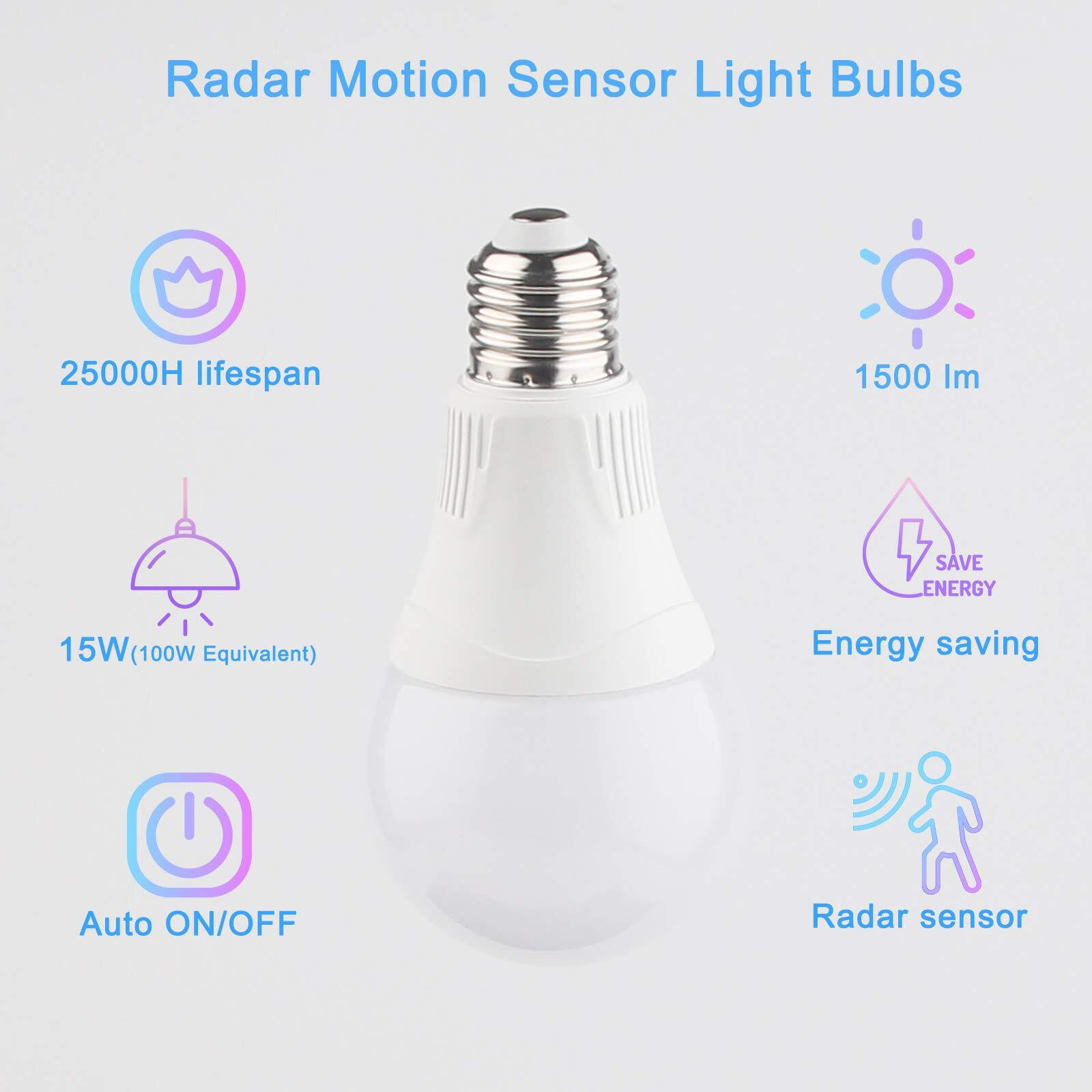 Motion Sensor Light Bulb Outdoor Indoor, 15W (100W Equivalent) Daylight 5000K 1500Lm E26 A21 Radar Motion Activated Dusk To Dawn Light For Stairway, Hallway, Porch, Garage, Driveway, Patio, 2 Pack
