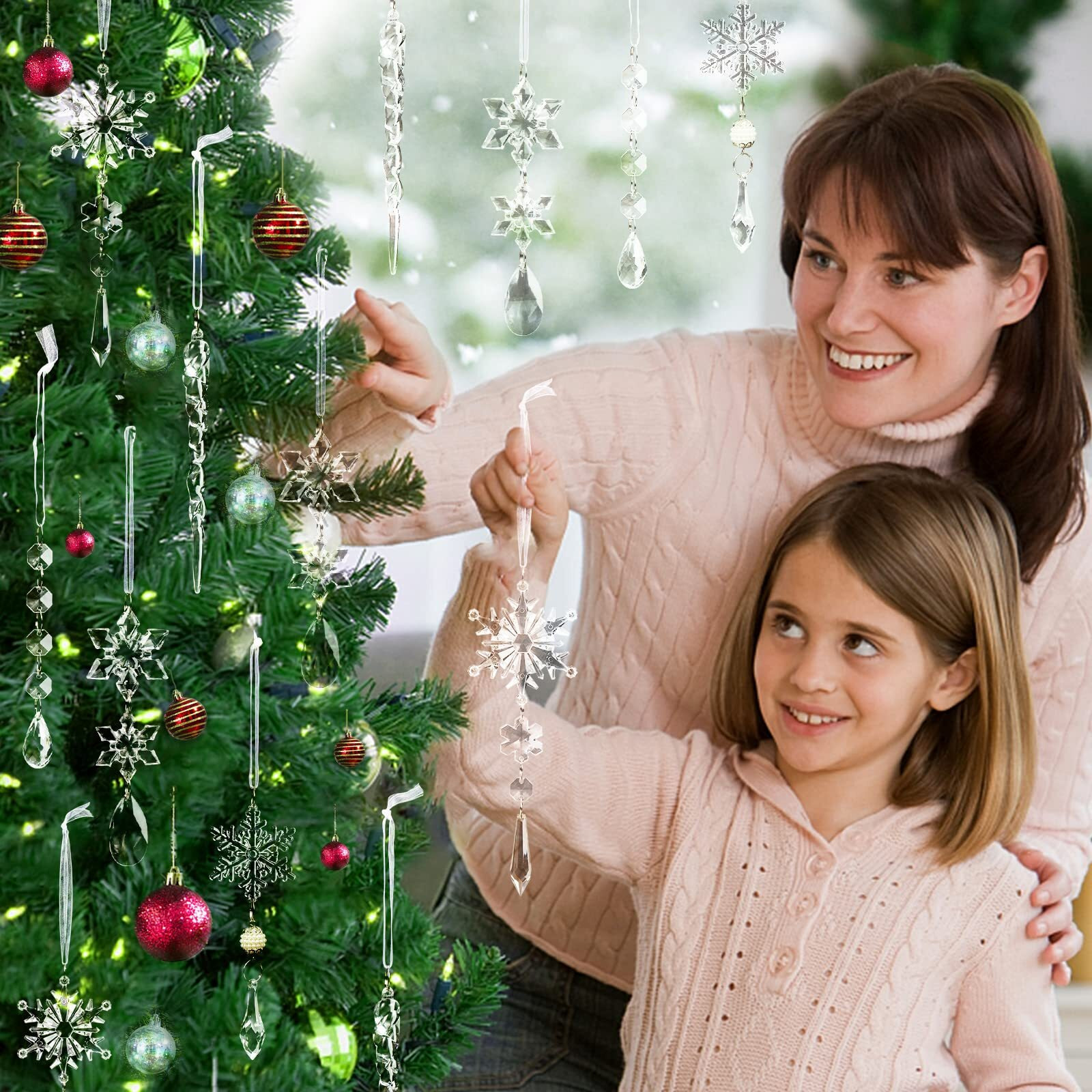 18Pcs Christmas Tree Decoration Crystal Ornaments - Hanging Acrylic Christmas Snowflake Icicle Drop Crystal Ornaments For Christmas Tree Winter New Year Party Supplies