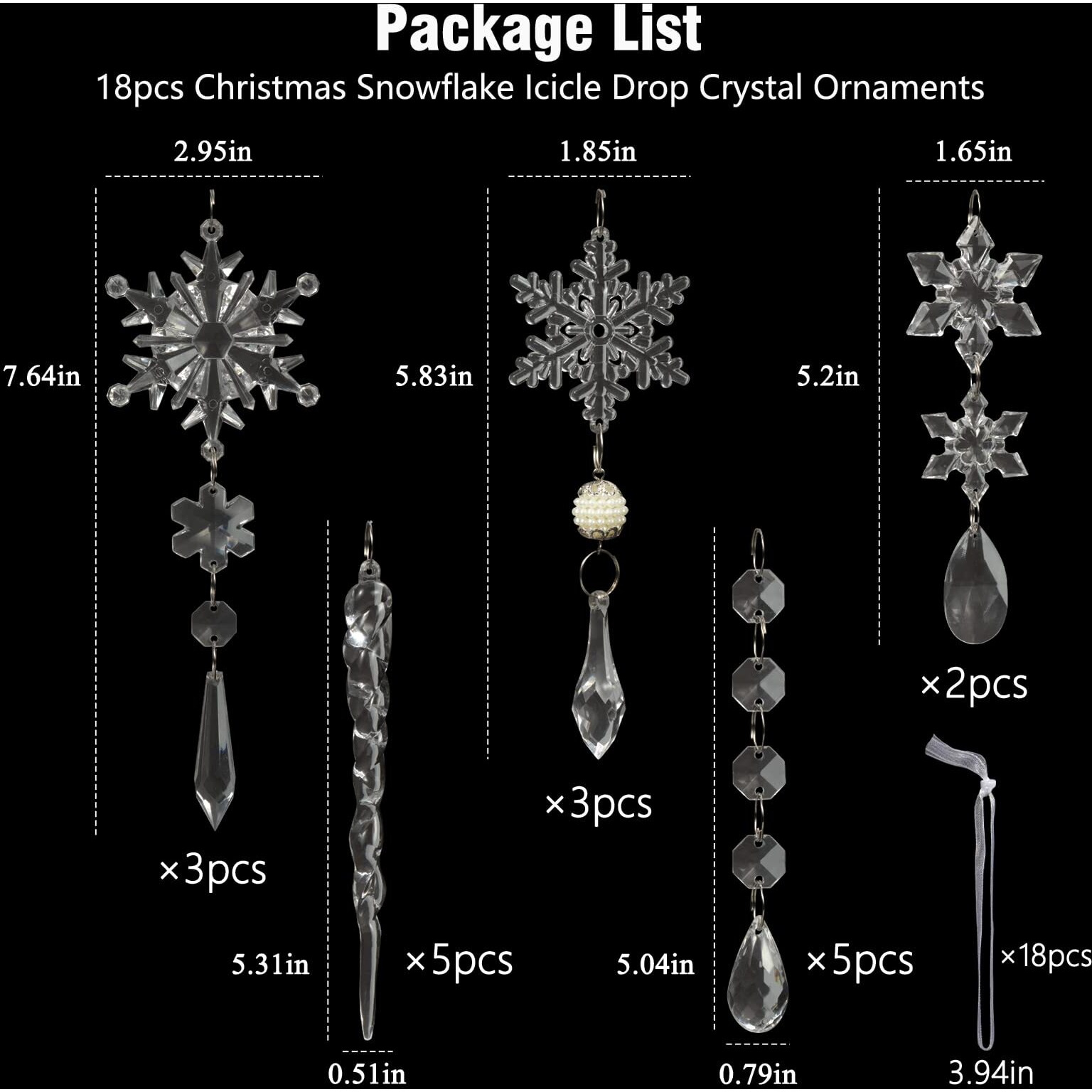 18Pcs Christmas Tree Decoration Crystal Ornaments - Hanging Acrylic Christmas Snowflake Icicle Drop Crystal Ornaments For Christmas Tree Winter New Year Party Supplies