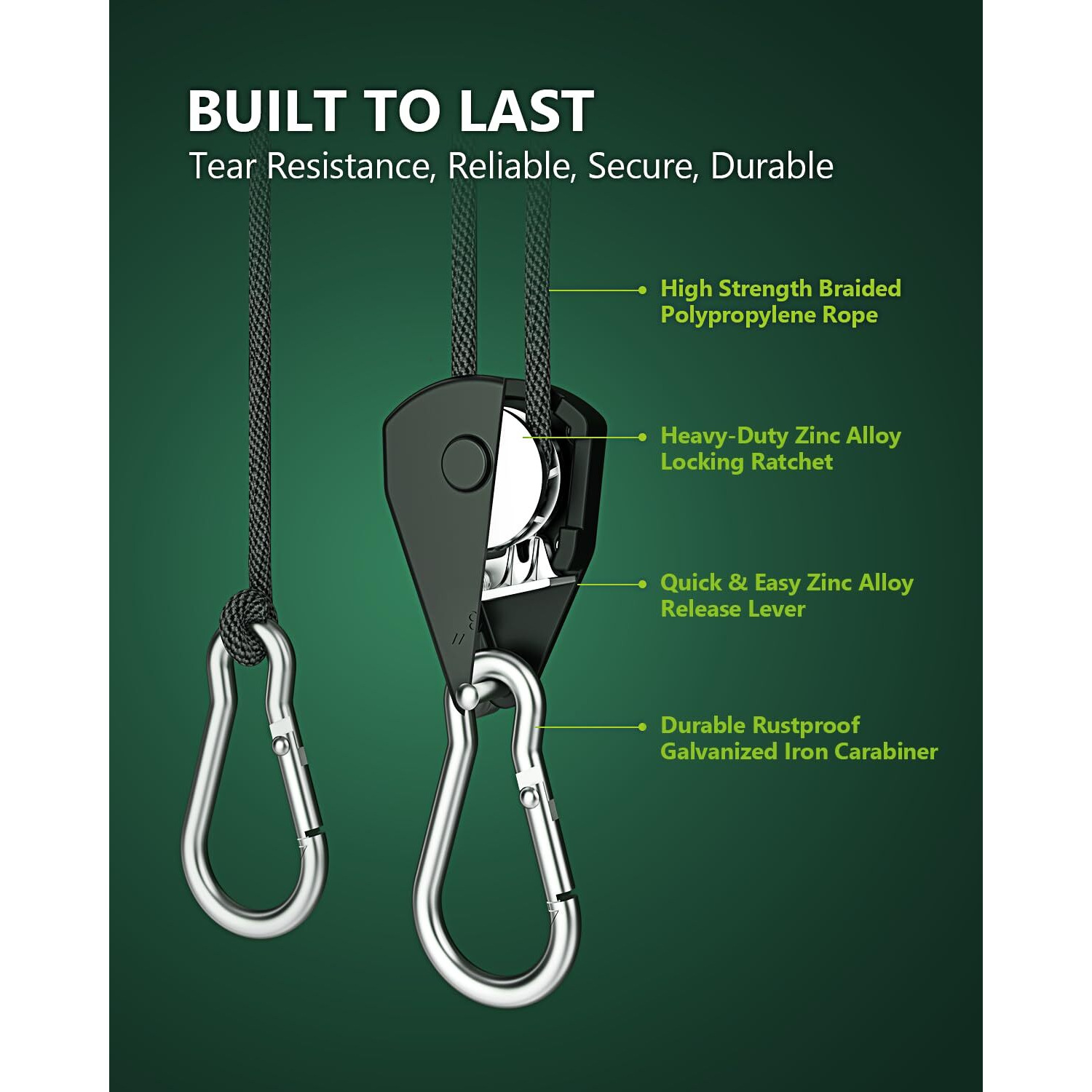 Staygrow 4-Pack 1/8&quot Adjustable Rope Hanger, Heavy Duty Ratchet Tie Down Strap With Reinforced Metal Gear, Ratcheting Pulley System Kayak Straps For Hanging Plants Grow Light And Various Tie-Down Uses