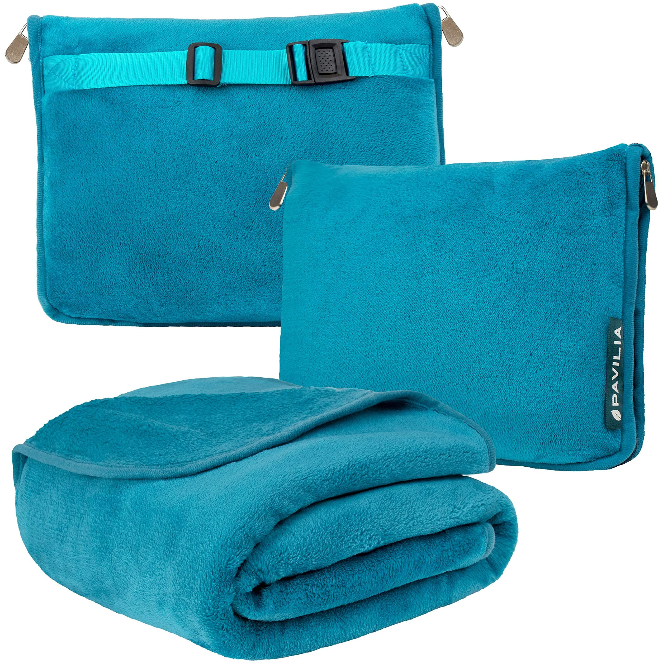 Pavilia Travel Blanket And Pillow, Dual Zippers, Clip On Strap, Warm Soft Fleece 2-In-1 Combo Blanket Airplane, Camping, Car, Large Compact Blanket Set, Luggage Backpack Strap, 60 X 43 (Teal Blue)